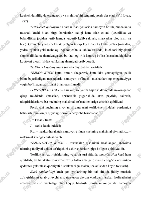 boshlangan sharoitda ularning faoliyati uchun zo’riqishini oshirish tezkorligiga bo’lgan qobiliyatidir. tezlik-kuch zo’riqishlarining yana bir turi sifatida amortizatsion kuch ham ajratiladi, bu harakatni maksimal tezlik bilan amalga oshirish chog’ida uni imkon qadar tez yakunlash qobiliyati hisoblanadi (masalan, tezlanishdan keyin to’xtash). kuch chidamliligi kuch qobiliyatlarining bir turi sifatida jiddiy mushak zo’riqishlarini talab qiluvchi nisbatan uzoq davom etadigan harakat faoliyatlarini amalga oshirish vaqtidagi charchoqqa bardosh berish imkoniyatida namoyon bo’ladi. mushaklarning ish rejimiga qarab statik va dinamik kuch chidamliligi to’g’risida fikr yuritadilar. statik kuch chidamliligi ishchi zo’riqishni muayyan vaziyatda saqlab turish bilan bog’liq, dinamik kuch chidamliligi esa siklik hamda asiklik faoliyat uchun xos. birinchisi uchun gantellarni uzatilgan qo’llarda uzoq muddat ushlab turish va “qaldirg’och” holatida muvozanatni saqlash misol bo’la oladi. yotgan holatda qo’llarga tayanib, ularni bukib-yozish, og’irligi o’quvchining maksimal kuch imkoniyatlari 20-50 % qismiga teng bo’lgan shtanga bilan o’tirib-turish ikkinchi egiluvchanlik turiga misol sifatida xizmat qilishi mumkin va h.k. kuch chaqqonligi kutilmagan vaziyatlar hamda …