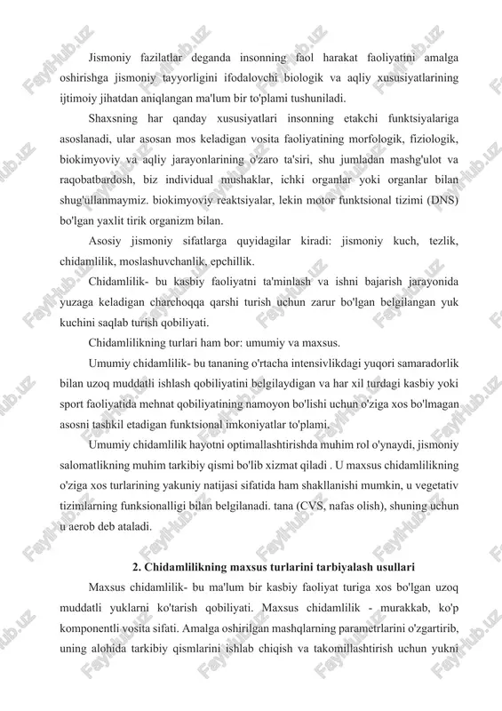 atijasi sifatida ham shakllanishi mumkin, u vegetativ tizimlarning funksionalligi bilan belgilanadi. tana (cvs, nafas olish), shuning uchun u aerob deb ataladi. 2. chidamlilikning maxsus turlarini tarbiyalash usullari maxsus chidamlilik- bu ma'lum bir kasbiy faoliyat turiga xos bo'lgan uzoq muddatli yuklarni ko'tarish qobiliyati. maxsus chidamlilik - murakkab, ko'p komponentli vosita sifati. amalga oshirilgan mashqlarning parametrlarini o'zgartirib, uning alohida tarkibiy qismlarini ishlab chiqish va takomillashtirish uchun yukni tanlab tanlash mumkin. har bir kasb yoki o'xshash kasblar guruhlari ushbu komponentlarning turli kombinatsiyalariga ega bo'lishi mumkin. maxsus chidamlilik nerv-mushak apparati imkoniyatlariga, mushak ichiga energiya manbalari resurslarini iste'mol qilish tezligiga, harakat harakatini o'zlashtirish texnikasiga va boshqa harakat qobiliyatlarining rivojlanish darajasiga bog'liq . maxsus chidamlilikning namoyon bo'lishining bir necha turlari mavjud: murakkab muvofiqlashtirilgan, kuch, tezlik-kuch va glikolitik anaerob ish; kam harakatchanlik yoki cheklangan makon sharoitida majburiy holatda uzoq vaqt qolish bilan bog'liq statik chidamlilik; o'rtacha va past quvvatli uzoq muddatli ishlarga chidamlilik; o'zgaruvchan quvvatning uzoq muddatli …