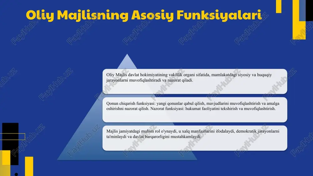 arda qatnashadi. natijalar va ta'sirlar qonunlar jamiyat va davlat siyosatiga ijobiy ta'sir koʻrsatadi, muhim o'zgarishlarga olib keladi. 01 02 03 04 oliy majlisning roli vakolatlar va mas'uliyatlar oliy majlis qonunlarni qabul qilish, nazorat qilish va davlat boshqaruvida muhim vakolatlarga ega. jamiyatga ta'siri qonunlar jamiyat hayotini tartibga soladi, ijtimoiy rivojlanishga va adolatni ta'minlashga yordam beradi. jamiyatdagi roli va ahamiyati majlis demokratik jarayonlarda muhim rol o'ynaydi, odamlarning fikrlarini ifoda etish va vakillik qilish imkonini beradi. xulosa majlisning vakolatlari va roli jamiyat barqarorligi, rivojlanishi va qonun ustuvorligini ta'minlashda muhim ahamiyatga ega. 01 02 03 04 oliy majlis va hukumat aloqalari umumiy ma'lumotlar va ta'sirlar oliy majlis va hukumat o'rtasidagi munosabatlar davlat boshqaruvining muhim qismi bo'lib, qonun chiqarish va siyosatni shakllantirishda muhim rol o'ynaydi. qonunlar ishlab chiqish, nazorat mexanizmlari va davlat siyosatini belgilash orqali, oliy majlis hukumat faoliyatiga ta'sir ko'rsatadi va muvofiqlashtiradi. ta'siri va o'zaro munosabatlar oliy majlis hukumatning faoliyatiga qonunlar va qarorlar orqali …