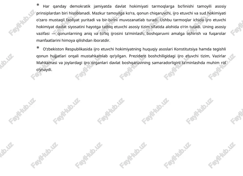 irokida yig'ilishlar o'tkaziladi. ularda o'zbekiston respublikasi prezidenti topshiriqlarining ijrosini tashkil etish va hukumat apparatining joriy faoliyati masalalari ko'rib chiqiladi. vazi'rlar mahkamasi o'z vakolati doi'rasida: iqtisodiy, ijtimoiy-madaniy jarayonlarni boshqaradi, mulkchilikning barcha shakllarini uyg'unlashtirish va ularning tengligi, iqtisodiyotni monopoliyalashti'rishdan chiqarish, bozor iqtisodiyotining huquqiy mexanizmini ishga solish asosida erkin tadbirkorlik uchun shart-sharoitlar yaratadi; xo'jalik yuritishning yangi shakllari — kontsernlar, konsortsiumlar, tarmoqlararo bi'rlashmalar, turli uyushmalar va boshqa shunga o'xshash tashki'lotlarni barpo etishga va mustahkamlashga yordamlashadi, iqtisodiyotni rivojlantirish va aholi talab-ehtiyojlarimi qondirish zaruriyatidan kelib chiqqan holda ular faoliyatimi yo'maltiradi va muvofiqlashtiradi; o'zbekiston respublikasida pul va kredit tizimini mustahkamlash chora-tadbirlarini amalga oshirishga•x- vazirlar mahkamasining asosiy vakolatlari vazirlar mahkamasining davlat byudjeti dasturlari vazirlar mahkamasining pul va kredit tizimidagi roli ko'maklashadi, yagona narx siyosatini o'tkazish, mehnatga haq to'lash miqdorining belgilangan kafolatlarini hamda ijtimoiy ta’minot darajasini ta’minlash chora-tadbirlarini ishlab chiqadi va amalga oshiradi o'zbekiston respublikasi davlat byudjetini, shuningdek o'zbekiston respublikasini iqtisodiy va ijtimoiy rivojlanti'rish istiqbol ko'rsatkichlarini va eng muhim …