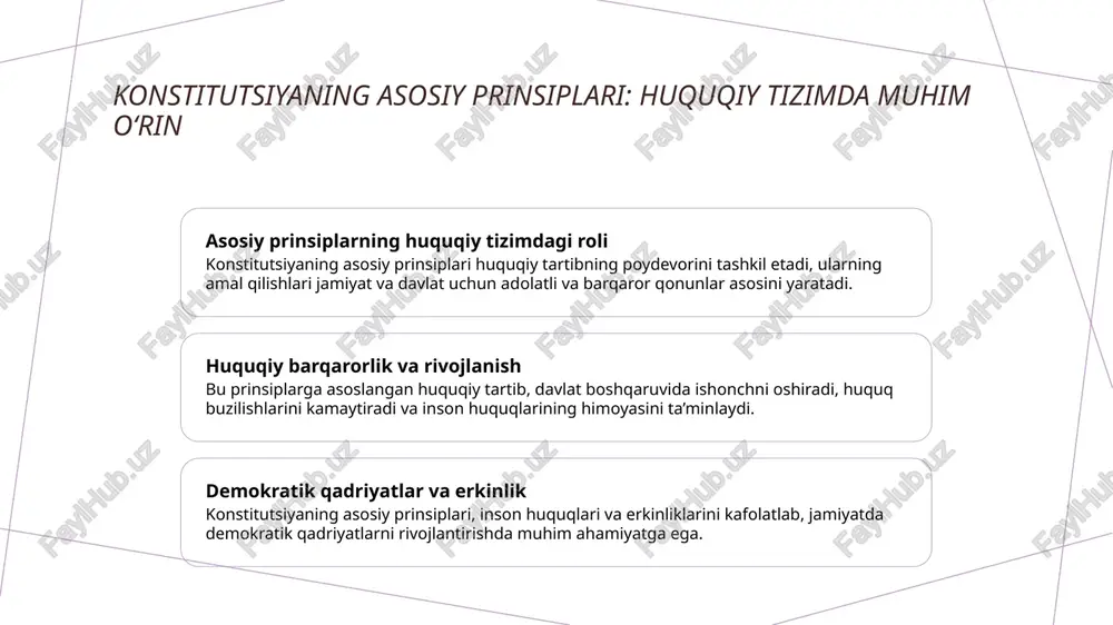 di, inson huquq va erkinliklarini himoya qilib, barqaror jamiyat qurilishiga xizmat qiladi. o'zbekiston konstitutsiyaviy rivojlanishi va uning siyosiy va ijtimoiy ta'siri o'zbekistonning konstitutsiyaviy tarixi o'zbekistonning konstitutsiyaviy rivojlanishi mustaqillik yillaridan boshlab boshlangan bo‘lib, u milliy suverenitet va huquqiy davlat qurilishida muhim rol o‘ynadi. konstitutsiyaning siyosiy ta’siri konstitutsiya siyosiy jarayonlarni belgilab, davlat boshqaruvining qonuniy asoslarini mustahkamladi, demokratik institutlarning rivojlanishiga turtki bo‘ldi. jamiyatdagi o'zgarishlar konstitutsiyaning rivojlanishi mamlakatda ijtimoiy va siyosiy barqarorlikni ta’minlab, inson huquqlari va erkinliklarini kengaytirishga yordam berdi. xulosa 1 konstitutsiyaning asosiy prinsiplari ta’minoti konstitutsiya asosiy huquqiy prinsiplarni belgilab, jamiyatda adolat, barqarorlik va inson huquqlarining himoyasini ta’minlaydi, davlat uchun mustahkam poydevordir. 2 huquqiy barqarorlik va rivojlanish ta’minoti huquqiy barqarorlik jamiyatda qonun ustuvorligini kuchaytiradi, huquq buzilishlarini kamaytiradi va davlatning rivojlanishiga asosiy shart bo‘lib xizmat qiladi. 3 demokratik qadriyatlar va erkinliklar demokratik qadriyatlar va erkinliklar konstitutsiyada belgilangan bo‘lib, inson huquqlarini himoya qilish, shaxs erkinligini ta’minlash asosiy maqsad hisoblanadi. foydalanilgan adabiyotlar 1. islomov, s. konstitutsiya …