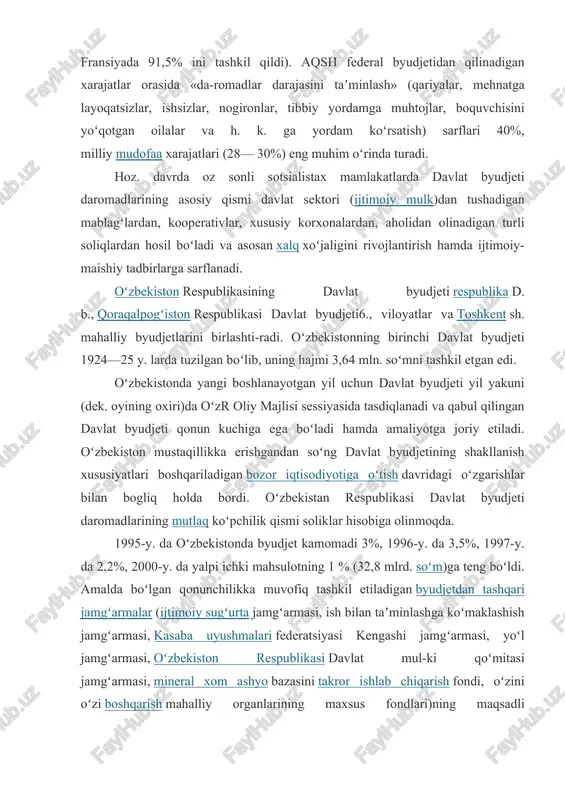 unchilikka muvofiq tashkil etiladigan byudjetdan tashqari jamgʻarmalar (ijtimoiy sugʻurta jamgʻarmasi, ish bilan taʼminlashga koʻmaklashish jamgʻarmasi, kasaba uyushmalari federatsiyasi kengashi jamgʻarmasi, yoʻl jamgʻarmasi, oʻzbekiston respublikasi davlat mul-ki qoʻmitasi jamgʻarmasi, mineral xom ashyo bazasini takror ishlab chiqarish fondi, oʻzini oʻzi boshqarish mahalliy organlarining maxsus fondlari)ning maqsadli yoʻnalishlarini saqlab qolgan holda, 1995-y. dan boshlab oʻzbekiston respublikasining birlashgan byudjetiga kiritildi. oʻzbekiston respublikasi davlat byudjetida jami daromadlar va xarajatlar oʻzgarishlarida ishlab chiqarishning rivojlanishi, xoʻjaliklar va aholi daromadlarining oʻsishi asosiy ahamiyatga ega. oʻzbekistonda davlat byudjetini shakllantirish tartibi oʻzbekistan respublikasining 2001-y. 1 yanv. dan kuchga kirgan «davlat byudjeti tizimi toʻgʻrisida» qonuni (2000-y. 14 dek.)ga muvofiq olib boriladi. davlat byudjeti — davlatning muayyan vaqt (odatda bir yil) uchun moʻljallangan pul daromadlari va harajatlari majmui. d.b. davlat ixtiyoridagi pul fondlarining taqsimlanishini bildirib, u davlat moliyasining bosh boʻgʻini hisoblanadi. d.b. tarkiban umumdavlat (yoki markaziy) byudjet i (mamlakat miqyosidagi umumiy daromadlar va harajatlar yigʻindisi) vamahalliy (munitsipal) byudjet (hududiy tuzilmalar — oʻlka, …