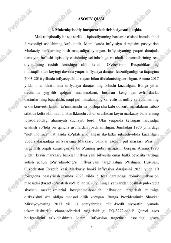 an. hususan, o‘zbekiston respublikasi markaziy banki inflyasiya darajasini 2021 yilda 10 foizgacha pasaytirish hamda 2023 yilda 5 foiz darajadagi doimiy inflyasion maqsadni (target) o‘rnatish yo‘li bilan 2020 yilning 1 yanvaridan boshlab pul-kredit siyosati mexanizmlarini bosqichma-bosqich inflyasion targetlash rejimiga o‘tkazishni o‘z oldiga maqsad qilib ko‘ygan. bunga prezidentimiz shavkat mirziyoyevning 2017 yil 13 sentyabrdagi “pul-kredit siyosatini yanada takomillashtirish chora-tadbirlari to‘g‘risida”gi pq-3272-sonli2 qarori asos bo‘lganligini ta’kidlashimiz lozim. inflyasion targetlash asosidagi g‘oya shvetsiyalik iqtisodchi, kapital, narx darajasi va ish xaqining umumiy nazariyasini ilmiy tadqiq qilgan olim viksell knutga ta’luqlidir. k.viksell 1896 yilda shvetsiya iqtisodchilar assotsiatsiyasida markaziy bankning bosh maqsadi milliy valyutani tovar va xizmatlarga nisbatan barqarorligini ta’minlash hisoblanishi kerakligini ta’kidlab o‘tgan. o‘sha davrda markaziy banklar milliy valyutaning iste’mol tovarlariga qaraganda oltin narxiga nisbatan barqarorligini saqlashni bosh maqsad sifatida bilishgan. uning bu qarashlari 1914 yilga qadar, ya’ni oltin standartida inqiroz kuzatilganiga qadar qo‘llab-quvvatlanmagan. 1931 yilda shvetsiya riks banki bu olimning milliy valyuta barqarorligini iste’mol tovarlariga …