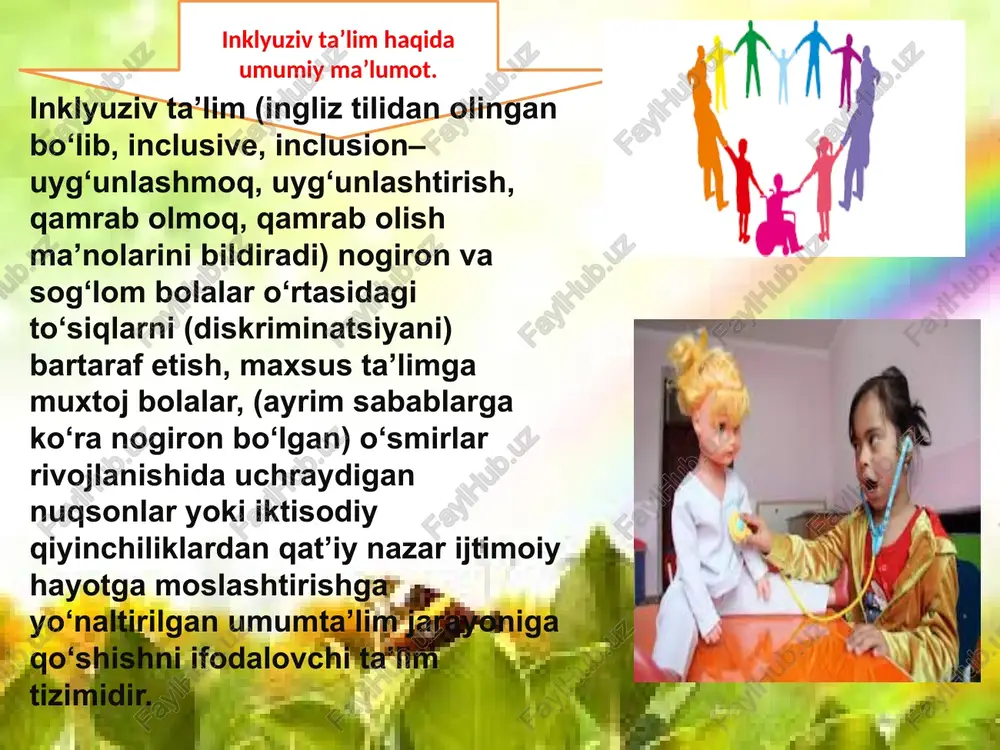 alar joriy etiladi; alohida ta’lim ehtiyojlari bo‘lgan bolalarning bilim olish huquqi, inklyuziv o‘qitishning mazmun-mohiyatini tushuntirish orqali aholi o‘rtasida ijobiy ijtimoiy muhit shakllantiriladi; alohida ta’lim ehtiyojlari bo‘lgan bolalarni kamsitish, ularga salbiy muomalada bo‘lishning oldini olishga qaratilgan chora-tadbirlar amalga oshiriladi; inklyuziv ta’lim tizimi tajriba-sinov tariqasida alohida ta’lim muassasalarining faoliyatiga joriy qilinadi; b) 2023 — 2025-yillar davomida: inklyuziv ta’lim tizimi bosqichma-bosqich boshqa umumiy o‘rta ta’lim muassasalarida joriy qilinadi; alohida ta’lim ehtiyojlari bo‘lgan har bir bolaning inklyuziv ta’lim olish huquqini ta’minlashga qaratilgan chora-tadbirlar amalga oshiriladi; inklyuziv ta’limda o‘qitish usullari takomillashtiriladi hamda ta’lim jarayoniga individuallashtirish tamoyillari bosqichma-bosqich joriy etiladi; i. inklyuziv ta’lim jarayonida o‘quvchilarni ma’naviy-axloqiy tarbiyalashga, ularning jismonan sog‘lom va baquvvat shakllanishiga qaratilgan choralar ko‘riladi; o‘quvchilarning jismoniy va aqliy ehtiyojidan hamda ta’lim muassasalarining geografik joylashuvidan kelib chiqib alohida ta’lim ehtiyojlari bo‘lgan bolalar uchun ixtisoslashtirilgan davlat ta’lim muassasalari (maktab va maktab-internatlar) (keyingi o‘rinlarda — ixtisoslashtirilgan ta’lim muassasalari) soni optimallashtiriladi. 4. xalq ta’limi vazirligi, oliy va o‘rta …