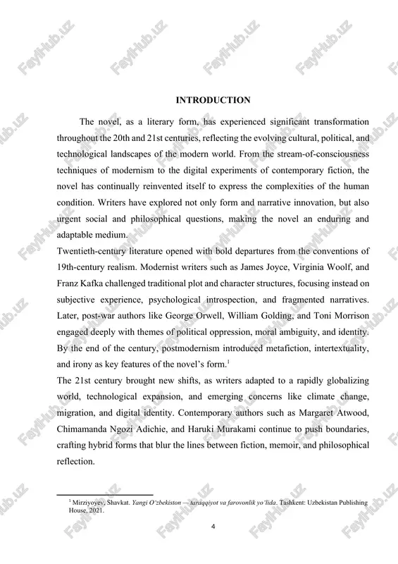 entury fiction. 3. to evaluate the cultural, technological, and philosophical influences on novel writing in both centuries. 4. to highlight representative authors and texts that reflect these literary developments. object of the research the object of this study is the english-language novel from the 1900s to the present day. subject of the research the subject is the literary transformation of the novel in terms of form, themes, and cultural context across the 20th and 21st centuries. theoretical value of the research this research contributes to literary scholarship by providing a comparative framework for understanding how the novel has evolved in response to societal changes and artistic movements. practical value of the research this study is valuable for students, educators, and researchers interested in modern and contemporary literature. it offers a clear overview of novelistic trends and serves as a resource for analyzing how literature continues to respond to changing global …