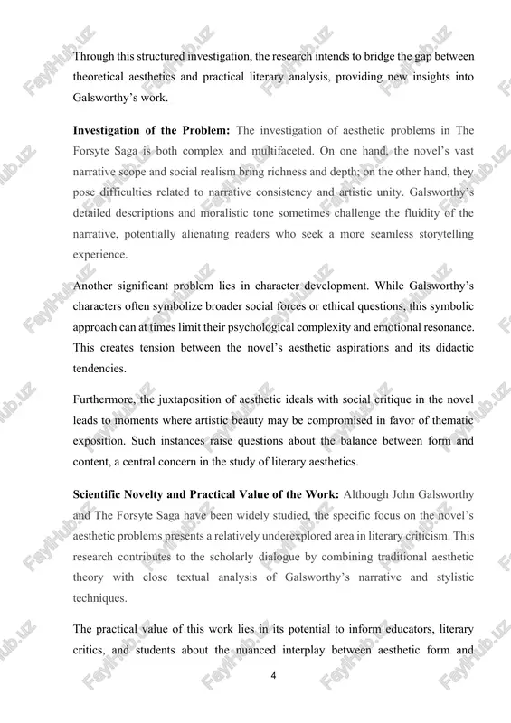 the practical value of this work lies in its potential to inform educators, literary critics, and students about the nuanced interplay between aesthetic form and thematic substance in modern novels. by highlighting the strengths and limitations of galsworthy’s approach, the study offers a model for critically engaging with complex literary texts. the results achieved during the research: the outcomes of this research are expected to deepen understanding of the aesthetic dynamics in the forsyte saga, revealing how aesthetic problems influence both the artistic quality and the interpretive possibilities of the novel. these results can be applied in literary studies curricula, critical essays, and further research on narrative aesthetics in early twentieth-century literature. chapter i. theoretical foundations of aesthetic problems in the novel the forsyte saga by john galsworthy the novel the forsyte saga by john galsworthy holds a significant place in early 20th-century english literature due to its detailed portrayal …