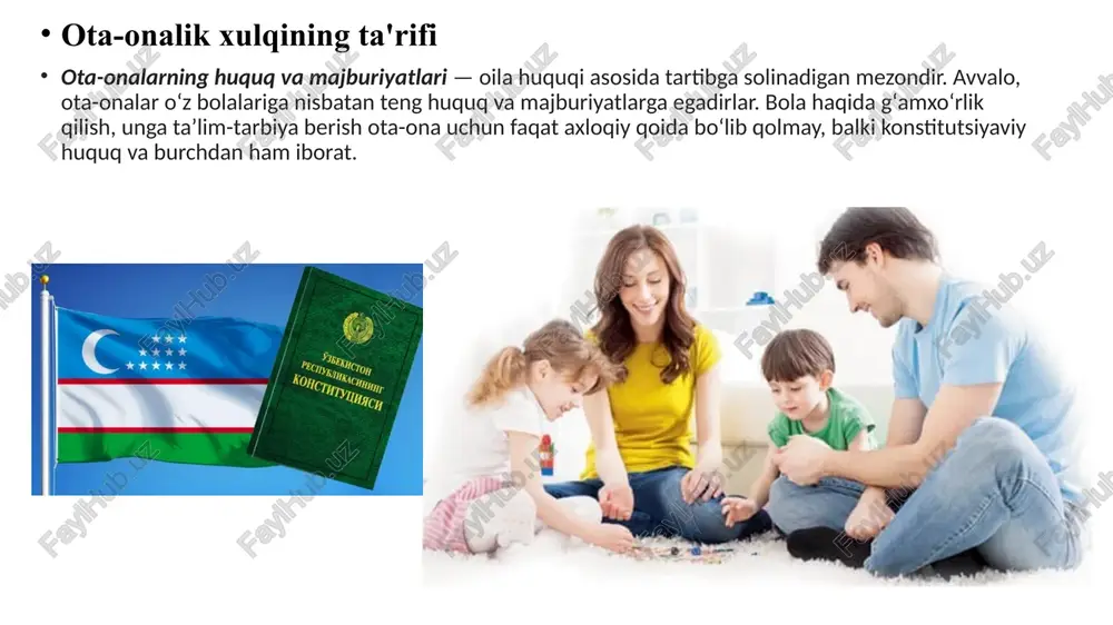 atadi. (j.b.pestalozzi va m.montessori pedagogik konsepsiyalarida bu nuqta ko‘p takrorlanadi.) 5. o‘rnak bo‘lish ota-onalar o‘z xatti-harakatlari, so‘zlari bilan bolalarga namuna ko‘rsatadi. pedagogik kitoblarga ko‘ra, ota-onaning harakati bolalar xulqiga to‘g‘ridan-to‘g‘ri ta’sir qiladi. (a.s.makarenko: “o‘rnak ko‘rsatish eng yaxshi tarbiya usulidir.”) manbalar (namuna uchun): suhomlinskiy v.a. — "ota-ona va bola tarbiyasi" ushinskiy k.d. — "ta’lim asoslari" makarenko a.s. — "o‘quv va tarbiya ishlari" pestalozzi j.b. — "bolalar tarbiyasi haqidagi g‘oyalar" montessori m. — "farzand tarbiyasi va o‘quv metodlari 9 bola tarbiyasida ota-onaning roli asosiy tarbiyachi sifatida ota-ona pedagogik adabiyotlarda ota-onalar bolani tarbiyalashda birinchi va eng muhim shaxslar hisoblanadi. ular bolaning birinchi o‘rganish muhiti va ijtimoiylashtirish jarayonining boshida turadi. (k.d. ushinskiy: "ota-ona — bolaning birinchi o‘qituvchisi") qadriyatlar va axloqiy me'yorlarni shakllantirish ota-onalar bola shaxsining axloqiy, ma'naviy va madaniy qadriyatlarini singdirishadi. ular o‘zlari orqali bola hayotiga do‘stlik, halollik, hurmat kabi muhim qadriyatlarni o‘rgatadi. (v.a. suhomlinskiy: "ota-onaning eng muhim vazifasi - bola qalbiga ezgulik urug‘ini ekish") …