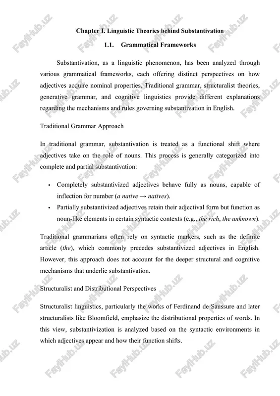 zellig harris’ distributional analysis highlights that substantivized adjectives share distributional patterns with prototypical nouns, which helps justify their classification as nominal forms. · the jakobsonian binary opposition model suggests that substantivization is a case of functional shift where adjectives retain certain morphological properties of their original category while adopting syntactic roles characteristic of nouns. despite its systematic categorization, the structuralist perspective lacks an explanation for why certain adjectives undergo substantivation while others do not, as it does not account for semantic motivation or cognitive processes. generative grammar and substantivation noam chomsky’s generative grammar, particularly within the government and binding (gb) framework and later in minimalism, offers a more formalized approach to substantivation. generative grammar focuses on syntactic transformations and lexical properties that enable adjectives to function as nouns. · in chomskyan syntax, substantivization is analyzed through x-bar theory, where adjectives, typically occupying specifier or adjunct positions, are reanalyzed as heads …