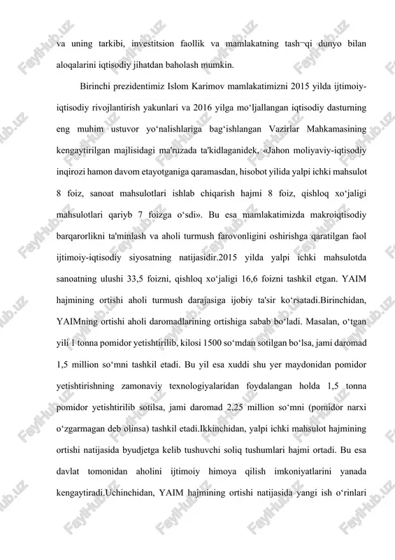 lgan tovar va xizmatlarning bozor bahosida hisoblangan qiymatlari yig‘indisidir. unga mamlakatning iqtisodiy faolligi va farovonligi darajasini ifodalovchi umumiy indikator sifatida qaraladi: u iqtisodiyotning tarkibi va rivojlanish darajasini, xukumatning iqtisodiy siyosatidagi yutuq yoki kamchiliklarni mamlakat va ayrim regionlarning iqtisodiyoti holati va rivojlanish darajasini boshqa mamlakat va regionlar bilan solishtirish imkoniyatini beradi. iqtisodiy tahlilda yaim barcha aholi, iqtisodiy faol va band aholi soni bilan, ishlab chiqarishda iste’mol qilingan resurslar, asosiy fondlar, investitsiyalar hajmi, ish haqqi fondi, har xil yo‘nalishlardagi davlat harajatlari bilan boshqa harajatlar bilan solishtiriladi. bu holat bandlik darajasi va uning dinamikasini, material va mexnat resurslaridan foydalanish samaradorligi, investitsion siyosatning yo‘nalishi va natijalarini, mamlakatning iqtisodiy salohiyatini va undan foydalanish darajasini, mamlakat iqtisodiy rivojlanishining asosiy yakunlarini tahlil qilish imkoniyatini beradi. jon boshiga to‘g‘ri keladigan yaim hajmi ko‘rsatkichi asosida mamlakatning xalqaro tashkilotlar byudjetga to‘lovi amalga oshiriladi, kredit berish sharti va uning hajmi aniqlanadi, har xil mamlakatlarga beriladigan moliyaviy va boshqa yordamlar beriladi, investitsion …