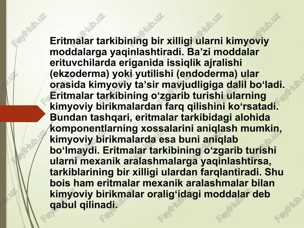 i (ekvivalent nuqta) erishilganida eritmaning titri hisoblanadi. 2. titr – bu titrlash natijasida aniqlangan konsentratsiya bo'lib, u odatda moddaning 1 litr eritmadagi gram ekvivalenti sifatida ifodalanadi. masalan, gramm/litr (g/l), molyar (mol/l) yoki normal (n) birliklarida beriladi. titrlashning turlari: 1.kislota-asos titrlash: bu usul kislota va asoslar o‘rtasidagi neytrallanish reaksiyalariga asoslanadi. masalan, kislota eritmasini asos bilan titrlash orqali kislota konsentratsiyasini aniqlash mumkin. 2. oksidlanish-qaytarilish titrlash (redoks titrlash): bu usulda kimyoviy reaksiyalar oksidlanish-qaytarilish jarayonlariga asoslanadi. 3. tushirish titrlash: bu usulda ionlar o‘zaro reaksiyaga kirishishi natijasida cho‘kma hosil bo‘lishi orqali konsentratsiya o‘lchanadi. titrlashda foydalaniladigan vositalar: - byuretka – titrlash jarayonida titrant eritmasini qo‘shishda ishlatiladi. - indikator – titrlash jarayonida ekvivalent nuqtani aniqlash uchun ishlatiladigan moddalar. odatda rang o'zgarishi bilan aniqlanadi (masalan, fenolftalein yoki metil qizili). eʼtiboringiz uchun rahmat!!! image1.png image2.png image3.png image4.jpeg image5.jpeg image6.png image7.png image8.png image9.png image12.png image13.png image14.png te /docprops/thumbnail.jpeg @ toshkent davlat ‘stomotologiya instituti tibbiy kimyo fanidan