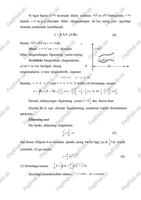 gi quyidagicha bo`ladi. (1) hosilaning ta`rifiga asosan: u holda (2) kesmalar hosil qilgan siniq chiziqning uzunligi (3) dan iborat bo`ladi. egri chiziqning uzunligi ni topish uchun (3) ning dagi limitini olish lozim, ya`ni: . (4) (4) – integral yig`indidan iborat. uni integral ko`rinishida ifodalash mumkin: yoki (5) (5) formula yassi egri chiziq, ya`ni yoyning uzunligini topish formulasidir. to`g`ri burchakli koordinatalar sistemasida yoy differensiali quyidagi formula ko`rinishida ifodalanadi: yoki (6) 1-misol. va nuqtalar bilan chegaralangan parabola yoyining uzunligini toping. yechilishi: parabola tenglamasidan hosila olamiz: , ya`ni . (5)- formulani qo`llaymiz: demak, izlanayotgan yoyning uzunligi 4,65 uzunlik o`lchov birligiga teng ekan. 2-misol. va nuqtalar orasidagi parabola yoyining uzunligini toping. yechilishi: berilgan parabolaning tenglamasini differensiallab, ni, so`ngra, (5) formulaga asosan yoyning uzunligini topamiz: demak, yoy uzunligi 2,4 uzunlik o`lchov birligidan iborat ekan. 3-misol. da aylananing uzunligini toping. yechilishi: va larni topamiz: va . u holda, bundan, . mustaqil yechish uchun mashqlar. №46. va …