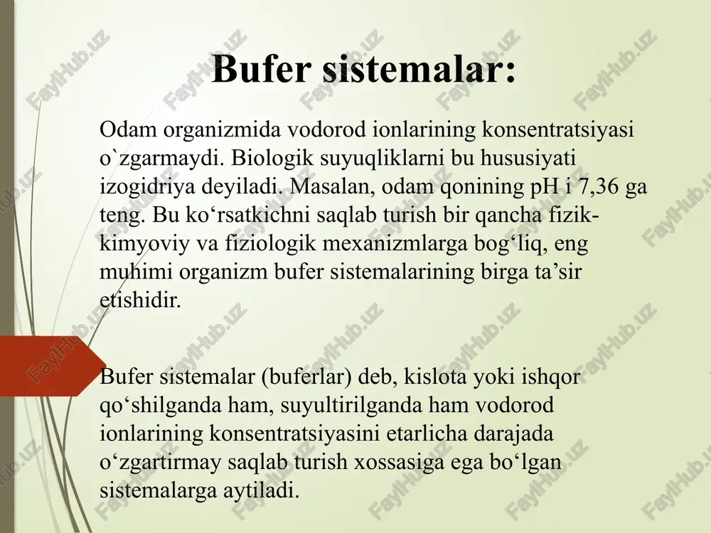 orat. organizmning bufer sistemalari fosfatli bufer sistema - hujayra ichidagi suyuqliklarning asosiy bufer sistemasi: nah2po4 na+ + h2po4- na2hpo4 2na+ + hpo42- oz miqdorda kuchli kislota qo’shilganda kuchsiz elektrolit h2po4- hosil bo’ladi: h+ + hpo42- = h2po4- oz miqdorda kuchli asos qo’shilganda kuchsiz elektrolit h2o va hpo42- hosil bo’ladi: oh- + h2po4- = h2o + hpo42- oqsilli bufer sistema protein (oqsil) bufer sistemasi qon zardobidagi kislota-asos muvozanatini saqlashda yuqorida keltirilgan bufer sistemalarga nisbatan kamroq ahamiyatga ega. oqsil buferi ta’sir mexanizmini umumiy holda quyidagicha yozish mumkin. organizmning bufer sistemalari oqsilli bufer sistema - barcha to’qimalardagi bufer sistema ptcooh ptcoo- + h+ ptcoona ptcoo- + na+ oz miqdorda kuchli kislota qo’shilganda kuchsiz elektrolit ptcooh hosil bo’ladi: h+ + ptcoo- = ptcooh oz miqdorda kuchli asos qo’shilganda kuchsiz elektrolit h2o hosil bo’ladi: oh- + h+ = h2o organizmning bufer sistemalari oqsilli bufer sistema - aminikislotaning bipolar ioni sifatida: coo- cooh pt + hcl …
