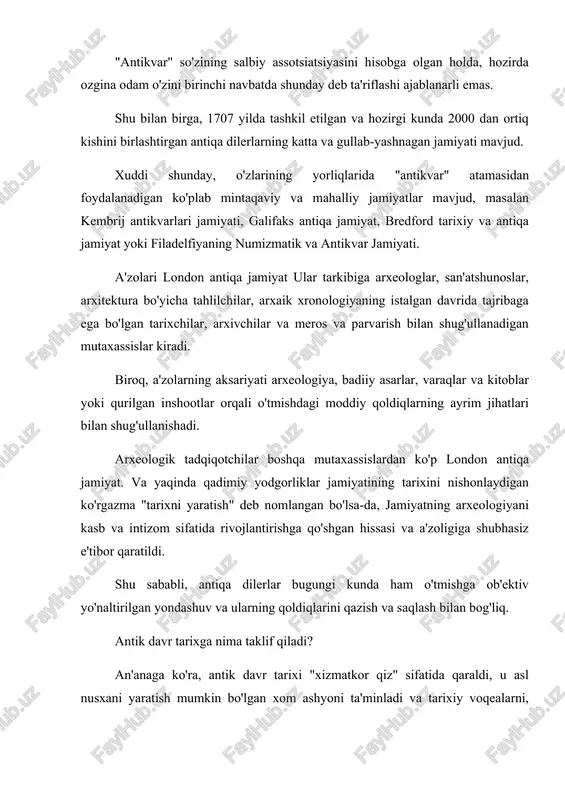 timoiy yoki siyosiy mafkurani sinab ko'rish uchun tortishuvli natijalarni qidirib yozishganda, antiqa voqealar sodir bo'lganidek namoyish etiladi. antikvar ehtiyotkorlik bilan xolisdir. antik ongda tabiat va tarix antitezasi. antik kosmos: fazo. antik kosmos: vaqt. teokratik tarix va afsona. gerodot. ilmiy tarixning yaratilishi. yunoniston o’ylarida (hayolotida) tarixga qarshi tendentsyiya. tarix fani va ahamiyati to’g’risida yunon ta’limoti. yunoniston tarixiy usuli va uning chegaralari. fukidid. ellin davri. polibiy. rim tarixchilari. tit liviy. korneliy tatsit. yunon-rim tarixshunosligining tavsifiy xususiyatlari. insonparvarlik. asosiy va qo’shimcha adabiyotlar; 1. blok m. “apologiya istorii ili remeslo istorika”. – m., 1986. 2. falsafa. entsiklopedik lug’at. o’zr fa, i. mo’minov nomidagi falsafa va huquq inti. –t.: 3. ―o’zbekiston milliy entsiklopediyasi‖ davlat ilmiy nashriyoti, 2010. 4. jahon falsafasi tarixidan lavhalar. –t.: faylasuflar milliy jamiyati nashriyoti, 2004. 5. g’arb falsafasi. –t.: o’zbekiston faylasuflari milliy jamiyati nashriyoti, 2004. 6. skirbekk g. falsafa tarixi. oliy o’quv yurt. uchun qo’ll. / rus tilidan tarj.: v.kuznetsov. –t.: sharq, …