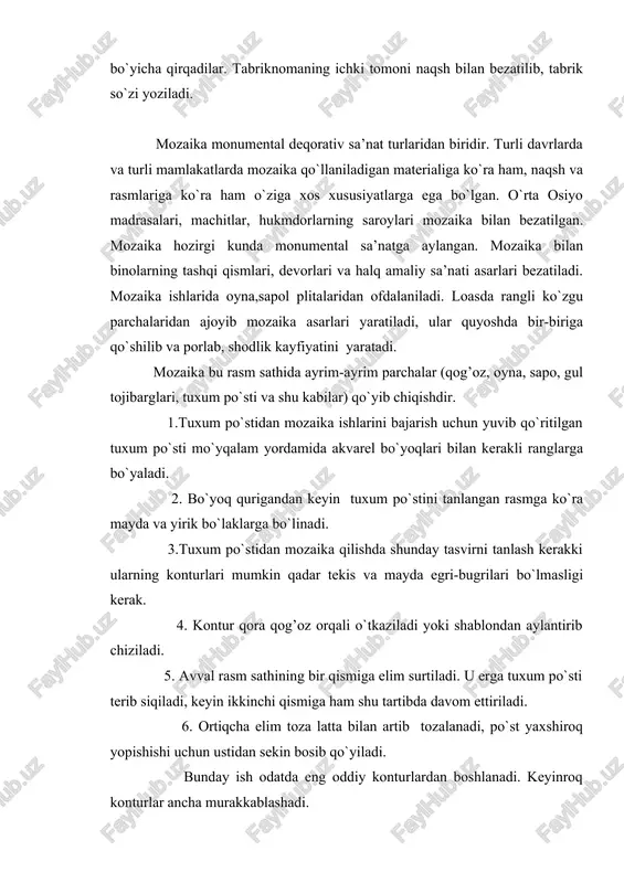 gi yillarda yog’ochning turli navlaridan mozaika qilish keng tarqaldi. bu ish unchalik murakkab emas, uni ustaxona sharoitlarida ham amalga oshirish mumkin. buning uchun yupqa yog’och plastinkalar (bir qavatli fanera)dan tasvir yig’iladi va keyin ularniasosga yelimlab, ustidan lak yoki politura beriladi. yog’och mozaika nabori juda qiziqarli va ishning zamonaviy turidir. hozirgi kunda u keng tarqalgan. uning aniq, lo’nda, dekorativ tasvirli yaltiroq polirovka qilingan sathi kvartiralarning zamonaviy planirovkasiga, devorlar rangi, mebellarning qat’iy qatoriga juda mosdir. mozaika bilan mebellarni, jurnal stollari, yodgorliklar va ko’pchilik shu narsalarni bezash mumkin. yog’ochga qo’l asboblari bilan ishlov berganda xavfsizlik texnikasining ma’lum qoidalarga rioya qilinishini talab qiladi. asboblar va moslamalarni ishlatish qoidalarini bilish uni ishlayotgan har bir kishi uchun majburiydir. ish jarayonidagi xavfsizlikning qat’iy qoidalari: 1. ishni hech qachon o’qituvchining ruxsatisiz boshlama! 2. asboblarni faqat o’z o’rnida ishlat! 3. yaroqsiz asbob bilan ishlama! 4. ishni chet ishlarga chalg’imasdan bajar! 5. asbobuskunalarni o’zi uchun belgilangan joyda saqla! 6. uzun …