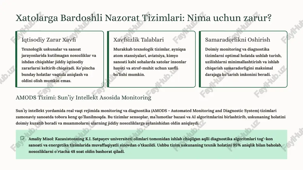 m etadi. 1 maʼlumot olish turli manbalardan shovqinli va noaniq maʼlumotlarni yigʻish 2 fuzzy qayta ishlash noaniqliklarni hisobga olib, maʼlumotlarni tozalash va tuzatish 3 temporal tahlil vaqt boʻyicha tendentsiyalar va siklik oʻzgarishlarni aniqlash 4 prognoz yaratish ishonchlilik darajasi bilan bir nechta stsenariylarni taqdim etish koʻp oʻlchovli vaqt qatorlari tahlili murakkab tizimlarni boshqarishda bir nechta oʻzaro bogʻliq parametrlarni bir vaqtning oʻzida tahlil qilish zarur. zamonaviv ai algoritmlari yuzlab yoki minglab oʻzgaruvchilarni bir vaqtda qayta ishlab, ular orasidagi yashirin munosabatlarni aniqlaydi. bu yanada aniq va tezkor prognozlash imkoniyatini beradi, ayniqsa energetika, transport va moliya tizimlarida. xatolarga bardoshli tizimlar misoli: aqshda ai xavfsizlik tizimlari 2024-yilda aqsh kongressi sunʼiy intellekt texnologiyalari bilan bogʻliq xavf-xatarlarni oldindan aniqlash uchun maxsus erta ogohlantirish tizimini tashkil etdi. bu dastur milliy xavfsizlik va texnologik raqobatbardoshlikni taʼminlash maqsadida ishlab chiqildi. 1 monitoring va tahlil global ai texnologiyalari rivojlanishini doimiy kuzatib borish va potensial tahdidlarni aniqlash 2 erta ogohlantirish yangi ai …