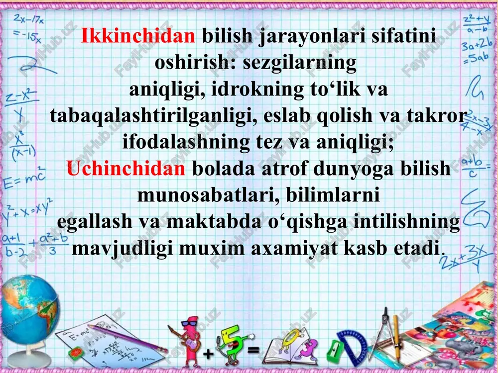 turi» asosida bolalarning ilk va 6 — 7 yoshga yetgunga qadar amalga oshiriladi. 27 1. bolalarning sog‘ligi va jismoniy rivojlanganligi xolatini tashxislash. 2. bolaning shaxsiy – psixolo-gik va aqliy rivojlangan-ligini tashxislash. 3.ta’lim olish faoliyatining ko‘nikma va ilk zaminini aniqlash tashxisi: 28 bolaning o‘quv faoliyatiga ilk zamin va ko‘nikmalarni egallaganligi va darajasini aniqlash uchun j.saidnazarova tomonidan tayyorlangan savollar jamlanmasi tavsiya etiladi. 29 «grafik diktant». o‘quv topshirig‘ini qabul qilish, o‘quv amaliyotini bajarish, ya’ni ixtiyoriy (erkin) e’tibor rivojlanganligi darajasini aniqlash uchun l.a.venger metodikasi bo‘yicha tashxis o‘tkazish. 30 «diktant» to‘g‘ri bajarilgan holda quyidagi naqsh hosil bo‘lishi kerak: agar bola xatoga yo‘l qo‘ysa, tuzating: bu naqsh mashq uchun edi. bola uni chiza turib yo‘riqnomani tushunishi kerak. mustaqil chizishni davom ettirayotganida uni oxirigacha yetkazish zarur. 31 masalalar solijon anvar solijonda 8ta daftar bor. u 4ta daftarni anvarga berdi. solijonda nechta daftar qoldi ? ayiruv solijon anvar 8 solijonda 4ta daftar qoldi . - 4 = 4 …