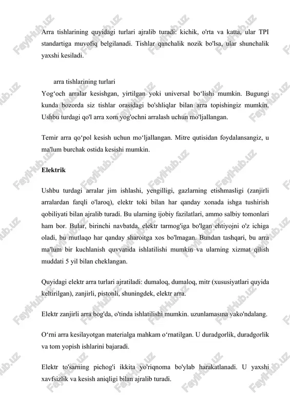 niq kesish uchun arra chizgichlarga amal qilishi kerak. elektr dumaloq arra yog'ochdan yasalgan buyumlar tayyorlash va chorak kesish imkonini beradi. ayrayapti bu turdagi arralar yogʻoch yoki plastmassa kabi qattiq materiallarni arralash uchun ishlatiladi. har xil turdagi dumaloq arra kesish burchagi va chuqurligini o'zgartirishi mumkin. ular yordamida siz bo'ylama, ko'ndalang, shuningdek, burchakli kesishlarni amalga oshirishingiz mumkin. kesish qanchalik yaxshi bo'lsa, diskda tishlar ko'p bo'ladi. biroq, bu disklar sirkulyarlarning ishlashini pasaytiradi. shuning uchun endi karbidli disklardan foydalanilmoqda. dekupaj arra bilan solishtirganda, dumaloq arralar aniqroq, ammo ogʻirroq. aylana arra turlari ishlatiladigan disklarga qarab farqlanadi. shunday qilib, karbidli disklar qattiq yog'och, mixlar, yupqa metall, plastmassani arralash zarur bo'lganda ishlatiladi. disklarni lehimsiz ishlatganda, ular tozalanadi (oldingi turdan farqli o'laroq) va hatto kesiladi, ammo bunday disklar faqat yumshoq yog'och uchun mo'ljallangan. statsionar dumaloq arralar yopiq quyma asosli, engil va gibrid bo'lishi mumkin. engil dumaloq arra asosan uyda ishlatiladi. to'shak po'lat va quyma temirdan tayyorlanishi mumkin, lekin …