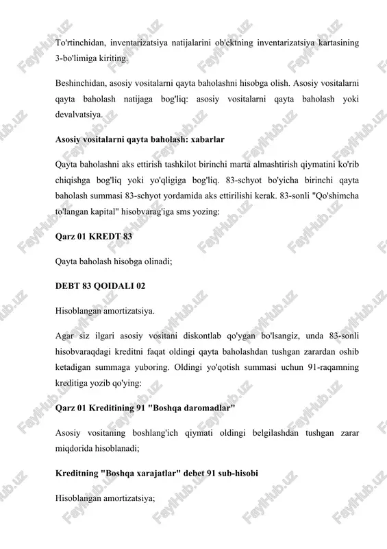 zatsiya avvalgi qayta baholashda hosil bo'lgan qo'shimcha to'langan kapital miqdoridan oshib ketdi. soliq hisobida asosiy vositalarni qayta baholash soliq hisobotida daromad solig'ishuningdek soliq usn bazasiqayta baholash natijalari hisobga olinmaydi (soliq kodeksining 257-moddasi 1-bandi va rossiya moliya vazirligining 10.09.2015 yildagi 03-03-06 / 4/52221-sonli xati). oldingi boshlang'ich qiymat asosida daromad solig'ini hisoblash uchun soliqning pasayishini ko'rib chiqing (rossiya federal soliq xizmatining 2016 yil 23 dekabrdagi sd-4-3 / xati). 24772@). hisoblashda yuridik mulk solig'i balans qiymatidan, 31 dekabrda qayta baholash natijalari aks etgan yildan boshlab yangi qiymat bo'yicha soliq. agar ko'chmas mulkning kadastr qiymatiga mulk solig'ini hisoblasangiz, qayta baholash natijalarini hisobga olmang. erning balans qiymatining o'zgarishi er solig'ini hisoblashga ta'sir qilmaydi, chunki er solig'i erning kadastr qiymatiga muvofiq hisoblab chiqiladi (soliq kodeksining 374-moddasi 4-bandining 1-bandi va 390-moddasining 1-bandi). buxgalteriya hisobida asosiy vositalarni qayta baholash natijalari 2011 yil 1 yanvar holatiga 2010 yil uchun qiyosiy ma'lumotlarda ko'rsatilishi kerak. asosiy vositalarni qayta baholash qoidalariga rossiya …