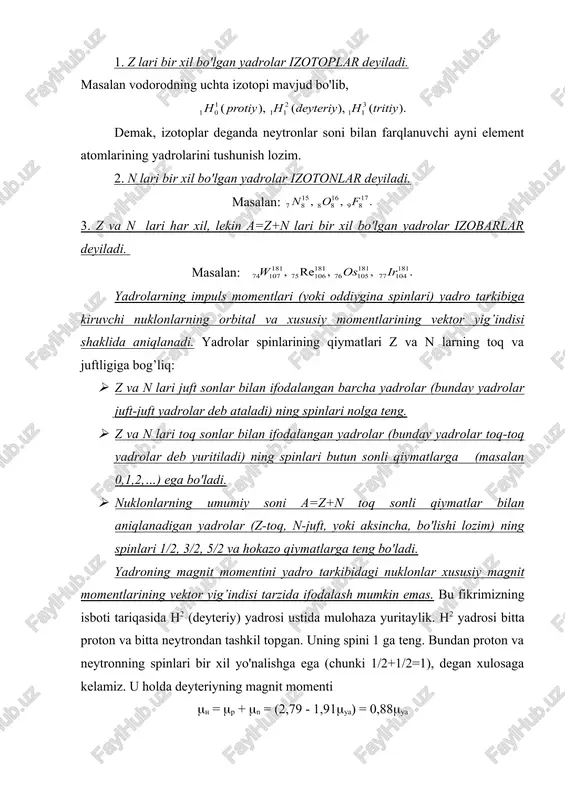 2. yadro kuchlari va ularning xossalari. nuklonlar orasidagi o’zaro gravitatsion tortishish kuchi demak, bu aqlga sig’maydi. chunki tortishish kuchi juda kichik. ikkita proton orasida o’zaro tortishish kuchi, ular orasidagi kulon ta’sir ichida ham 1036 marta kichik. bu kuch kulon kuchi ham bo’lishi mumkin emas. chunki yadrodagi protonlar orasida tortishish emas, balki itarishish kuchlari mavjud bo’lishi kerak. proton va elektrneytral neyton hamda neytron – neytron orasida umuman kulon ta’sir bo’lishi mumkin emas. bundan tahsqari, elektr xarakteriga ega atomdagi elektronning energiyasi ev lar tartibida bo’lsa, yadrodagi nuklonlarning energiyasi undan million marta kattaligini oldingi mavzuda qayd etdik. bularning hammasi, yadroda bizga noma’lum bo’lgan boshqa kuch mavjud, degan xulosaga kelishimizga sabab bo’ldi. yadroni kulon kuchi ta’sirida parchalanib ketishidan saqlab turadigan bunday tortishish kuchlari yadro kuchlari deyiladi. 3. yadro massasi va bog’lanish inergiyasi. turli kimyoviy elementlar izotoplarining massalari mass-spektrometr deb ataluvchi qurilmalar yordamida yetarlicha aniqlik bilan o'lchanadi. mass-spektrometrlarning tuzilishi rasmda tasvirlangan. ion manbaida (im) jism …