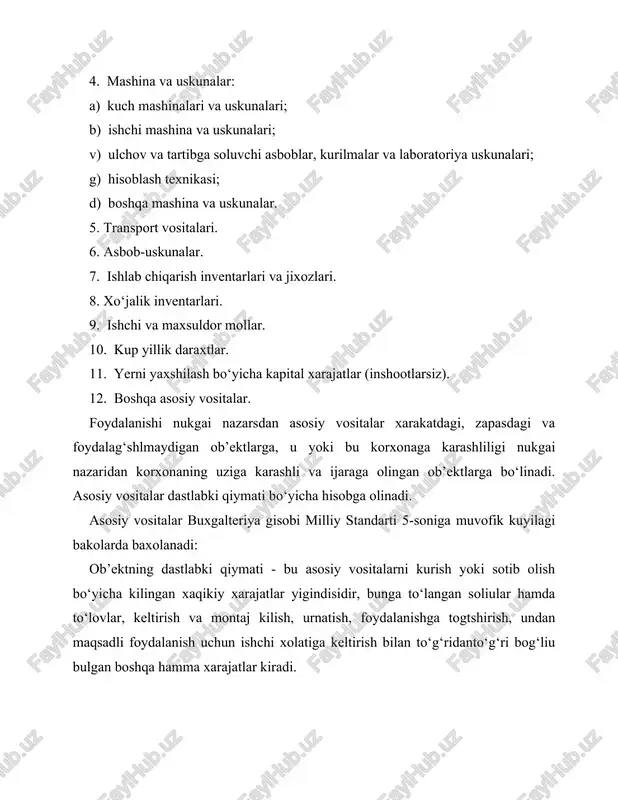 tilgan dastlabki kiymat summasidan ta’miniy tugatish kiymagining chiqarib tashlangan summasidir. foydali xizmat muddati - bu shunday muddatki, uning davomida asosiy vositadan foydalanishdan ikgisodiy samarad olinadi. joriy kiymat - bu ma’lum muddatga xarakatdagi bozor baxosi bo‘yicha asosiy vosita qiymati bo‘lib, unga kura manfaatdor tomonlar o‘rtasida aktiv almashtirilishi mumkin. tugatish qiymati - bu aktivning foydali xizmat muddati oxirida asosiy vosita tugatilayotgan vaqtdagi ta’miniy qiymatidan tugatish bo‘yicha xarajatlar chiqarib tashlangan summaga teng. qoplash summasn - bu shunday summasi, unga kura xo‘jalik yurituvchi sub’ekt aktivning tugatish qiymati kushilgan xolda undan keyingi foydalanish hisobga koplash kuzda tutilgan summadir. dastlabki kiymat korxonada ob’ekt foydalanishga topshirilgan muddatda vujudga keladi va unga asosiy vositani kurish yeki sotib olish bo‘yicha kilingan xaqikiy xarajatlar qiymati, to‘langan soliular va to‘lovlar, keltirish va montaj bo‘yicha xarajatlar, urnatish, foydalanishga topshirish, maqsadli foydalanish uchun, uni ishchi xolatiga keltirish bilan to‘g‘ridanto‘g‘ri bog‘liu bulgan boshqa hamma xarajatlar kiradi. asosiy vositalar dastlabki qiymatining tarkib topish manbalari quyidagilardan …