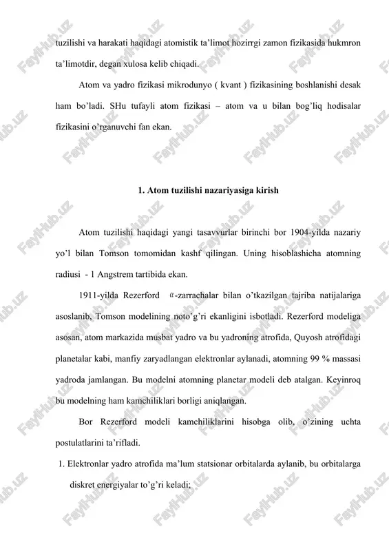 chimi bo’lgan (psi) - to’lqin funksiya yordamida mikrozarralarning harakati haqida ma’lumotlarni olish mumkin. u mikrodunyodagi zarralarning holat funksiyasi hisoblanib, zarralarning kvant holatlari bo’yicha taqsimotini aks ettiradi. 3. eletron spini. atom sistemasini xarakterlovchi kvant sonlari. pauli prinsipi yadro atrofida orbita bo’ylab aylanayotgan elektron impuls momentiga ega bo’lib, u orbital moment ( ) deb yuritiladi. uning modulini (3.1) orqali topiladi. buerdagi l kattalik orbital kvant soni bo’lib, u ( n – bosh kvant soni ) qiymatlarni qabul qiladi. elektron orbital momentini z o’qidagi proeksiyasi uchun (3.2) o’rinli bo’ladi. bu yerdagi m magnit kvant soni deb atalib, u qiymatlarni qabul qiladi. energetik sathlarning ajralishini tushuntirish uchun 1925-yilda gaudsmit va ulenbeklar elektronlar xususiy orbital moment ( spin – s )ga ega bo’lishi to’g’risidagi farazni ilgari surdilar. keyinchalik tajribalar elektronning spini mavjudligini isbotladi. spin (3.3) asosida aniqlanadi, bunda s – cpin kvant soni bo’lib, elektron uchun ga teng. kvant mexanikasining qonunlaridan yana biri pauli prinsipi …