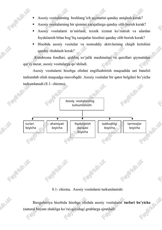 qlariga tegishli bo’lgan asosiy vositalarga guruhlanadi. asosiy vositalarni baholash tartibi. asosiy vositalarni to’g’ri hisobga olish faqat ularni baholashning yagona tamoyili bo’lgan sharoitdagina amalga oshirilishi mumkin. moliyaviy hiso-botning xalqaro standartlari (mhxs)ga muvofiq qiymatning quyidagi tushun-chalari mavjud: boshlang’ich qiymati; joriy qiymati; qoldiq qiymati; tugatish qiymati; asosiy vositalarni sotib olish, qurish, ishlab chiqarish yoki holatini yaxshilash bilan bog’liq to’g’ridan-to’g’ri xarajatlarni, jumladan, undan maqsadli foydalanish uchun zarur bo’lgan o’rnatish bilan bog’liq bo’lgan xarajatlarni o’z ichiga oladi. boshlang’ich qiymat — bu asosiy vositalarni yaratish (qurish va qayta qurish) yoki sotib olish bo’yicha xaqiqiy amalga oshirilgan xarajatlar qiymati bo’lib, jumladan to’langan va qayta qoplanmaydigan soliqlar va yig’imlar, shuningdek, tashib keltirish va montaj qilish, o’rnatish va foydalanishga topshirish bo’yicha xarajatlar va aktivni tayyorlanishi bo’yicha foydalanish uchun ishchi holatga keltirish bilan bevosita bog’liq bo’lgan boshqa xarajatlarni o’z ichiga oladi. boshlang’ich qiymat ob’ektni korxonada ishga tushirish paytida shakllanadi. asosiy vositani korxonada bo’lib turgan davri mobaynida faqat uning boshlang’ich qiymatida …