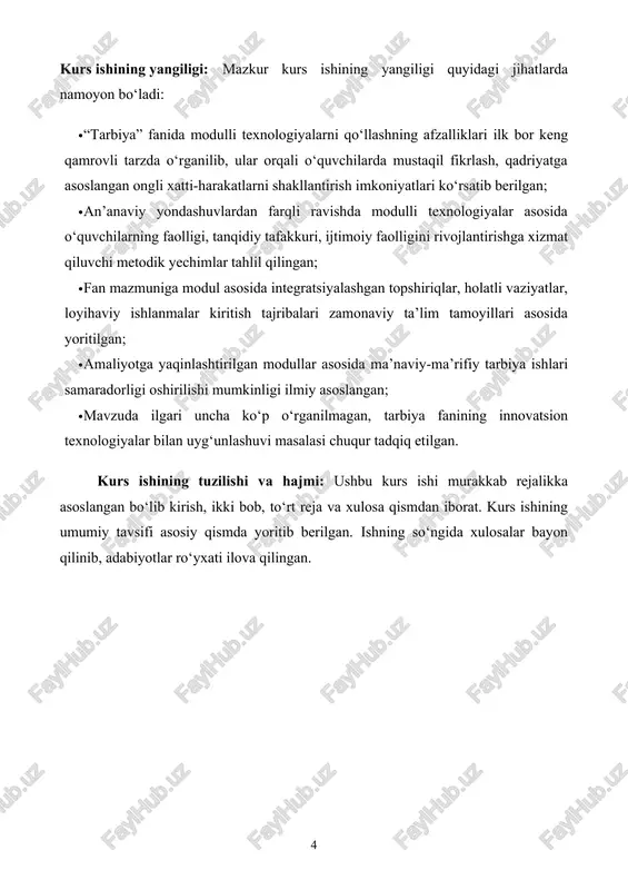 gi kunda pedagogik texnologiyalarni tubdan yangilash, o‘quvchilarning mustaqil fikrlashi, bilim olish faoliyatini rivojlantirish va ularning shaxsiy imkoniyatlarini maksimal darajada ochishga qaratilgan. ayniqsa, modulli ta’lim texnologiyasi bu borada o‘zining moslashuvchanligi, samaradorligi hamda innovatsion yondashuvi bilan ajralib turadi. modulli ta’lim — bu o‘quv materialining muayyan mavzular yoki bloklarga (modullarga) ajratilishi, har bir modulning o‘z tarkibi, maqsadi va o‘zlashtirish darajasiga ega bo‘lishi bilan ajralib turadi. u o‘quvchini markazga qo‘ygan, uni bilim olishda faol ishtirokchi sifatida ko‘radigan texnologiyadir. ushbu yondashuv shuningdek, individual va guruhiy ishlarga imkon yaratadi, o‘qituvchining nazoratini osonlashtiradi hamda bilimlarning sifatli egallanishini ta’minlaydi. modulli ta’lim tushunchasi ilk bor 1960-yillarda g‘arb davlatlarida, ayniqsa aqsh va germaniyada shakllangan. bu tizim o‘zining moslashuvchanligi sababli avval professional ta’limda, keyin esa umumiy o‘rta va oliy ta’lim tizimlarida keng qo‘llanila boshlandi. keyinchalik bu yondashuv sobiq sssr va markaziy osiyo mamlakatlari, jumladan, o‘zbekistonda ham joriy etila boshladi. modulli ta’lim — bu o‘quv dasturini kichik, mantiqiy tugallangan bloklarga bo‘lib, har …