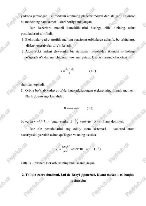 impuls momentiga ega bo’lib, u orbital moment ( ) deb yuritiladi. uning modulini (3.1) orqali topiladi. buerdagi l kattalik orbital kvant soni bo’lib, u ( n – bosh kvant soni ) qiymatlarni qabul qiladi. elektron orbital momentini z o’qidagi proeksiyasi uchun (3.2) o’rinli bo’ladi. bu yerdagi m magnit kvant soni deb atalib, u qiymatlarni qabul qiladi. energetik sathlarning ajralishini tushuntirish uchun 1925-yilda gaudsmit va ulenbeklar elektronlar xususiy orbital moment ( spin – s )ga ega bo’lishi to’g’risidagi farazni ilgari surdilar. keyinchalik tajribalar elektronning spini mavjudligini isbotladi. spin (3.3) asosida aniqlanadi, bunda s – cpin kvant soni bo’lib, elektron uchun ga teng. kvant mexanikasining qonunlaridan yana biri pauli prinsipi hisoblanadi. bu prinsip quyidagicha ta’riflanadi: atomda yoki biron-bir kvant sistemada to’rtta n, l, m ,s kvant sonlariga ega bo’lgan ikkita elektron bitta kvant holatida bo’lishi mumkin emas. mendeleev davriy sistemasining to’ldirilishida pauli prinsipi asosiy rol o’ynaydi. 4. atom yadrosining tarkibi rezerford tajribalaridan …