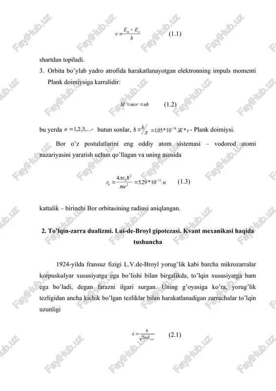 spini. atom sistemasini xarakterlovchi kvant sonlari. pauli prinsipi yadro atrofida orbita bo’ylab aylanayotgan elektron impuls momentiga ega bo’lib, u orbital moment ( ) deb yuritiladi. uning modulini (3.1) orqali topiladi. buerdagi l kattalik orbital kvant soni bo’lib, u ( n – bosh kvant soni ) qiymatlarni qabul qiladi. elektron orbital momentini z o’qidagi proeksiyasi uchun (3.2) o’rinli bo’ladi. bu yerdagi m magnit kvant soni deb atalib, u qiymatlarni qabul qiladi. energetik sathlarning ajralishini tushuntirish uchun 1925-yilda gaudsmit va ulenbeklar elektronlar xususiy orbital moment ( spin – s )ga ega bo’lishi to’g’risidagi farazni ilgari surdilar. keyinchalik tajribalar elektronning spini mavjudligini isbotladi. spin (3.3) asosida aniqlanadi, bunda s – cpin kvant soni bo’lib, elektron uchun ga teng. kvant mexanikasining qonunlaridan yana biri pauli prinsipi hisoblanadi. bu prinsip quyidagicha ta’riflanadi: atomda yoki biron-bir kvant sistemada to’rtta n, l, m ,s kvant sonlariga ega bo’lgan ikkita elektron bitta kvant holatida bo’lishi mumkin emas. mendeleev …