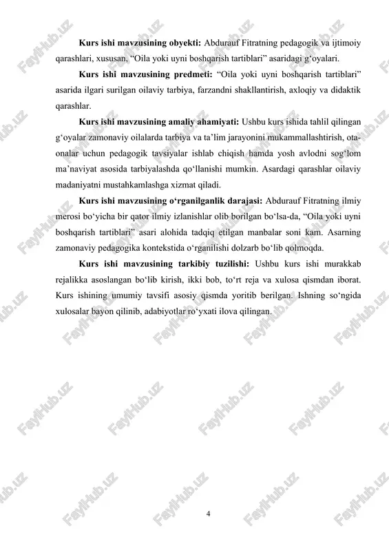 ri 1.1.abdurauf fitratning “oila” asarida oiladagi tarbiyaning ahamiyati fitratning “oila asari oila tarbiyasi - oilada ota-ona, vasiy yoki katta kishilar tomonidan bolalarni tarbiyalash, yosh avlodning har tomonlama rivojlanishida muhim oʻrin tutadi. oila tarbiyasida doimiy tarbiyaviy taʼsirchan kuch - oilada ruhiy xotirjamlik, samimiy munosabat, ota-ona obroʻsining yuqori boʻlishi, bolalarga talab qoʻyishda oila kattalari oʻrtasidagi birlikning saqlanishi, bola shaxsini mehnatga tarbiyalashga alohida eʼtibor berish, bolani sevish va izzatini joyiga qoʻyish, oilada qatʼiy rejim va kun tartibini oʻrnatish, bolaning yosh va shaxsiy xususiyatlarini hisobga olish, boladagi oʻzgarishlarni kuzatib borish, undagi mustaqillikka intilish va tashabbuskorlik sifatlarini qoʻllab-quvvatlash va hokazolarni nazarda tutadi. oila qanchalik tartibli, uning aʼzolari oʻrtasidagi munosabat samimiy boʻlsa, oila tarbiyasi ham shunchalik muvaffaqiyatli boʻladi. tarbiya ikki qismdan-oila va maktabda beriladigan tarbiyadan tashkil topadi. oilada to‘g‘ri yo‘naltirilgan tarbiya keyingi bosqich uchun poydevor vazifasini o‘taydi, va aksincha, oilada tarbiyaga e’tibor qaratilmasa, bu vaziyat maktabda olib boriladigan ta’lim-tarbiya ishini birmuncha orqaga tortadi. abdulla avloniy ota-onalar …