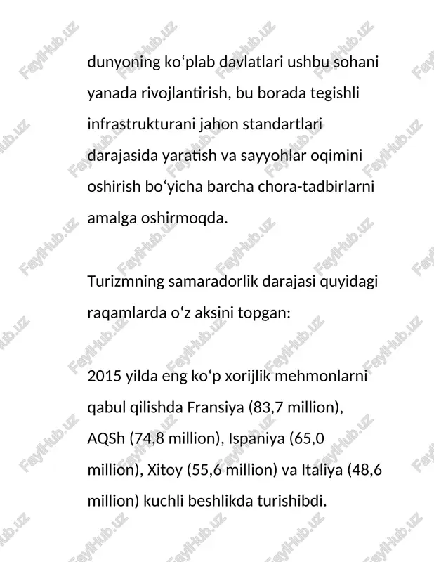 mamlakatimizning betakror tabiati, go‘zal dam olish maskanlari imkoniyatlaridan foydalanib, yangi turistik yo‘nalishlar ochish mumkin. bu sohaga jahon brendlarini faol jalb etgan holda, biz ziyorat turizmi, ekologik, ma'rifiy, etnografik, gastronomik turizm va bu sohaning boshqa tarmoqlarini rivojlantirishga alohida e'tibor qaratishimiz zarur. bu borada davlat-xususiy sheriklik munosabatlarini qo‘llash sohani taraqqiy ettirishda keng imkoniyatlar ochishini hisobga olishimiz lozim. samarqand, buxoro, toshkent shaharlaridagi muqaddas qadamjolar va yodgorliklarni ziyorat qilish dasturini rivojlantirish va jadallashtirish zarur. ichki turizm sohasidagi katta imkoniyatlarni ham to‘liq ishga solish lozim». shuningdek, davlatimiz rahbarining 2016 yil 2 dekabrdagi «o‘zbekiston respublikasining turizm sohasini jadal rivojlantirishni ta'minlash chora-tadbirlari to‘g‘risida»gi farmoni sohada uchrayotgan xato va kamchiliklarni bartaraf etib, uni izchil rivojlantirishga qaratilgani bilan ahamiyatlidir. prezidentimiz mamlakatimizni 2016 yilda ijtimoiy-iqtisodiy rivojlantirishning asosiy yakunlari va 2017 yilga mo‘ljallangan iqtisodiy dasturning eng muhim ustuvor yo‘nalishlariga bag‘ishlangan vazirlar mahkamasining kengaytirilgan majlisida turizm haqida so‘z yuritar ekan, bunday serdaromad soha rivoji e'tibordan chetda qolib kelayotgani, uning o‘zbekiston iqtisodiyoti taraqqiyotiga …