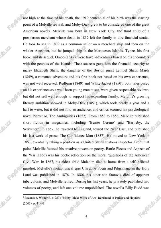 se, the confidence man (1857). he moved to new york in 1863, eventually taking a position as a united states customs inspector. from that point, melville focused his creative powers on poetry. battle-pieces and aspects of the war (1866) was his poetic reflection on the moral [footnoteref:1]questions of the american civil war. in 1867, his eldest child malcolm died at home from a self-inflicted gunshot. melville's metaphysical epic clarel: a poem and pilgrimage in the holy land was published in 1876. in 1886, his other son stanwix died of apparent tuberculosis, and melville retired. during his last years, he privately published two volumes of poetry, and left one volume unpublished. the novella billy budd was left unfinished at his death, but was published posthumously in 1924. melville died from cardiovascular disease in 1891. [1: bezanson, walter e. (1953). 'moby-dick: work of art.' reprinted in parker and hayford (2001). p. 41-46 …