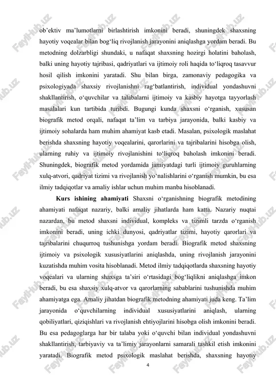 arorlari va voqealarini hisobga olib, uning ruhiy va ijtimoiy rivojlanishini yaxshiroq tushunishga yordam beradi. shaxsni o‘rganishning biografik metodining ahamiyati kasbiy va ijtimoiy sohalarda ham o‘z ifodasini topadi. masalan, ijtimoiy tadqiqotlarda shaxslar va guruhlarning qadriyat tizimi, xulq-atvori va ijtimoiy moslashuv xususiyatlarini aniqlashda biografik metod samarali vosita hisoblanadi. shu tarzda, shaxsni chuqur o‘rganish natijasida ilmiy, psixologik, pedagogik va ijtimoiy sohalarda samarali tavsiyalar ishlab chiqish mumkin bo‘ladi. kurs ishining o’rganilganlik darajasi shaxsni o‘rganishning biografik metodiga bag‘ishlangan tadqiqotlar sohasida nafaqat xorijiy, balki o‘zbekistondagi ilmiy izlanishlar ham mavjud. xorijiy psixologiya va pedagogika adabiyotlarida biografik metod ko‘pincha shaxsning ijtimoiy va psixologik rivojlanishini, hayotiy qarorlar va tajribalar bilan bog‘liq jarayonlarni o‘rganishda qo‘llaniladi. masalan, g. allport, e. erikson va d. mcadams kabi olimlar shaxsning hayotiy voqealari va individual xususiyatlarini tahlil qilishda biografik yondashuvni rivojlantirgan. bu tadqiqotlar shaxsning ichki dunyosi, qadriyatlar tizimi, ijtimoiy munosabatlari va rivojlanish jarayonini tushunishda metodning samaradorligini namoyish etadi. o‘zbek psixologiya va pedagogika ilmiy manbalarida ham …