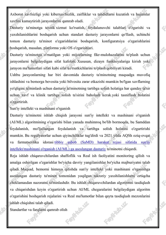angan maqsadli platformada yoki ekvivalentida tasdiqlanishini ta'minlashi kerak.chiqarilishidan oldin. post-marketing nazorat mulohazalar dastur ishlab chiqarilgandan va chiqarilgandan so'ng, regulyatorlar ishlab chiqaruvchilardan qurilmaning ishlash muddati uchun marketingdan keyingi ma'lumotlarni to'plash va tahlil qilishni kutishadi. dasturiy ta'minotning moslashuvchanligi tufayli muntazam monitoring va ko'rib chiqish uchun ushbu ma'lumotlarni to'plash uchun dasturiy ta'minotga mexanizmlarni kiritish mumkin. samd ishlab chiqaruvchilari rioya qilishlari kerak bo'lgan to'rtta asosiy marketing faoliyati mavjud. bularga quyidagilar kiradi: muammolarni boshqarish, noxush hodisalarni kuzatish, shikoyatlar va yozuvlarni qayta ishlash, muammolarni hal qilish jarayonlarini qamrab olish. axborot xavfsizligi yoki kiberxavfsizlik, zaifliklar va tahdidlarni kuzatish va hujumlar xavfini kamaytirish jarayonlarini qamrab oladi. dasturiy ta'minotga texnik xizmat ko'rsatish, foydalanuvchi talablari o'zgarishi va yaxshilanishlarini boshqarish uchun standart dasturiy jarayonlarni qo'llash, uchinchi tomon dasturiy ta'minot o'zgarishlarini boshqarish, konfiguratsiya o'zgarishlarini boshqarish, masalan, platforma yoki os o'zgarishlari. dasturiy ta'minotga o'rnatilgan yoki mijozlarning fikr-mulohazalarini to'plash uchun jarayonlarni belgilaydigan sifat kafolati. xususan, dizayn funktsiyalariga kirish yoki jarayon ma'lumotlari sifati kabi sifat …