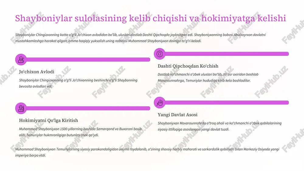 faqiyat qozonishga imkon berdi. soliq tizimi va iqtisodiy boshqaruv iqtisodiy barqarorlik shayboniylar davlatining boshqaruv tizimida asosiy ustunlardan biri boʻlgan. soliq tizimi islomiy (shariat) va anʼanaviy (odat) qoidalarga asoslanib, dehqonchilik, chorvachilik va savdodan soliqlar yigʻilgan. xiroj (yer soligʻi) dehqonchilikdan olinadigan asosiy soliq. yer egaligi va hosil miqdoriga qarab belgilanadi. zakot (boylik soligʻi) asosan musulmonlardan olinadigan, islom qonunlariga asoslangan soliq. chorva mollari, savdo tovarlari va pul mablagʻlaridan olingan. jizya (jon soligʻi) musulmon boʻlmagan erkak aholidan harbiy xizmatdan ozod etilganlik evaziga olinadigan soliq. tamgʻa (savdo soligʻi) ichki va tashqi savdo faoliyatidan olinadigan bojxona va savdo yigʻimi. iqtisodiy boshqaruvga moliya vaziri (vazir) rahbarlik qilgan, u davlat xazinasini nazorat qilish va xarajatlarni rejalashtirish uchun masʼul boʻlgan. ayniqsa, buxoroning shayboniylar poytaxti sifatida rivojlanishi savdo yoʻllari nazorati va hunarmandchilikning gullab-yashnashiga olib keldi. boshqaruv tizimining kuchli va zaif tomonlari kuchli tomonlari • harbiy samaradorlik: qoʻshinning koʻchmanchi anʼanalarga asoslanganligi tezkorlik va harbiy ustunlikni taʼminladi. • madaniy va iqtisodiy integratsiya: …