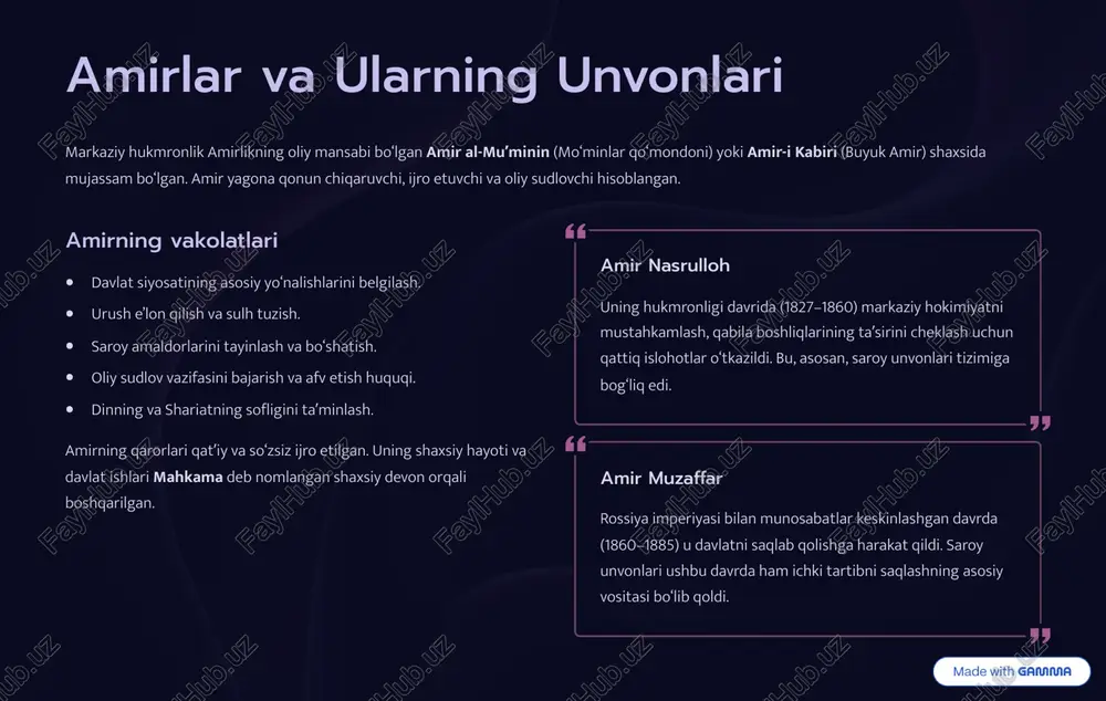 an¾anaviylikda edi. bu tizim davlatni bir asrdan ko8proq vaqt davomida saqlab qolishga yordam berdi. aniqlik va ierarxiya har bir unvonning vazifasi va vakolatlari aniq belgilangan. bu ma¾muriy chalkashliklarni kamaytirgan va qaror qabul qilish jarayonini tezlashtirgan. siyosiy barqarorlik unvonlar amirdan kelib chiqqanligi sababli, uning hokimiyati mustahkam bo8lgan. tizim amaldorlar orasida ichki raqobatni nazorat qilishga xizmat qilgan. professional kadrlar diniy va ma¾muriy unvonlarga ulamo va tajribali mirzalar tayinlangan. bu davlat boshqaruvining yuqori professional darajada bo8lishini ta¾minlagan. jamoatchilik e'tirofi unvonlar tizimi asrlar davomida shakllangani uchun aholi tomonidan qabul qilingan. legitimizatsiya muammosi deyarli bo8lmagan. https://gamma.app/?utm_source=made-with-gamma zaif tomonlar (weaknesses) tizimning qattiq an¾anaviyligi va markazlashuvi uning asosiy zaif tomonlariga aylandi, bu esa amirlikning zamonaviy muammolarga moslashishiga to8sqinlik qildi. shaxsiy moyillik unvonlarni taqsimlashda ko8pincha qobiliyatdan ko8ra amirga shaxsiy sadoqat va oilaviy aloqalar muhim rol o8ynagan. bu esa ma¾muriyat sifatining pasayishiga olib kelgan. korrupsiya xavfi yuqori lavozimlarga boylik va imtiyozlar kafolatlanganligi sababli, mansablar sotilishi yoki suiiste¾mol qilinishi holatlari …