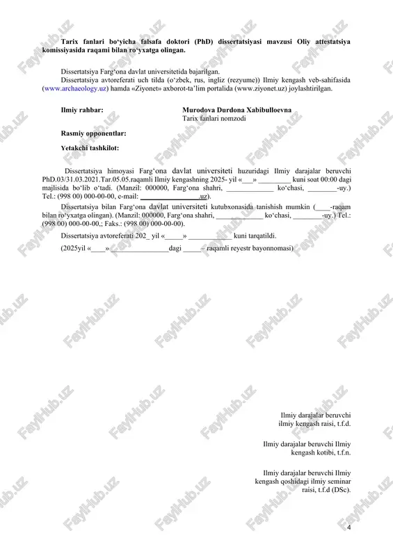 agi pf-165-sonli “2022–2026-yillarda o‘zbekiston respublikasining innovatsion rivojlanish strategiyasini tasdiqlash to‘g‘risida”gi farmonlari, 2018-yil 16-yanvardagi f-5181-sonli “moddiy madaniy va arxeologiya merosi obyektlarini muhofaza qilish va ulardan foydalanishni takomillashtirish to‘g‘risida”gi farmoyishi hamda qarorlarida[footnoteref:1] belgilangan vazifalarni bajarishga muayyan darajada xizmat qiladi. [1: o‘zbekiston respublikasi prezidentining 2020-yil 29-oktyabrdagi pf-6097-son «ilm-fanni 2030-yillargacha rivojlantirish konsepsiyasini tasdiqlash to‘g’risida»gi farmoni [elektron resurs] https://lex.uz/docs/5073447; 2022 -yil 06-iyuldagi pq-165-sonli «2022-2026-yillarda o‘zbekiston respublikasining innovatsion rivojlanish strategiyasini tasdiqlash to‘g‘risida»gi farmoni [elektron resurs] https://lex.uz/docs/6102462 ; 2018-yil 16-yanvardagi f-5181-sonli «moddiy madaniy va arxeologiya merosi obyektlarini muhofaza qilish va ulardan foydalanishni takomillashtirish to‘g‘risida»gi farmoyishi [elektron resurs] https://lex.uz/docs/3506332; o‘zbekiston respublikasi vazirlar mahkamasining 2019-yil 21-sentyabrdagi 792-sonli «arxeologik tadqiqotlarni tubdan takomillashtirish to‘g‘risida»gi qarori [elektron resurs] https://lex.uz/docs/ 4524476.] tadqiqotning respublika fan va texnologiyalari rivojlanishining ustuvor yo‘nalishlarga mosligi. mazkur tadqiqot respublika fan va texnologiyalar taraqqiyotining i. “axborotlashgan jamiyat va demokratik davlatni ijtimoiy, huquqiy, iqtisodiy, madaniy, ma’naviy-ma’rifiy rivojlantirishda innovatsion g‘oyalar tizimini shakllantirish va ularni amalga oshirish yo‘llari” ustuvor yo‘nalishlariga muvofiq bajarilgan. muammoning …