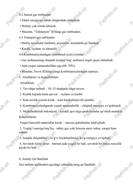 ) 4. ganapathy v. industrial boilers and heat recovery steam generators. — crc press, 2003. (kombinatsiyalashgan stansiyalarda gaz turbinalarining qo‘llanilishi) 5. general electric (ge) power rasmiy sayti https://www.ge.com/gas-power (zamonaviy gaz turbina modellari va sanoatdagi amaliy qo‘llanishi) 6. international gas turbine institute (igti) – asme https://www.asme.org (ilmiy maqolalar, sanoat yangiliklari va texnik hujjatlar manbai) 7. o‘zbekiston respublikasi energetika vazirligi https://minenergy.uz (o‘zbekistonda gaz turbinalari ishlatilayotgan real stansiyalar haqida rasmiy ma’lumotlar) 8. world energy council (wec) report: gas turbines and the future of energy, 2021.