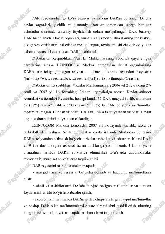 oshirish maqsadida shu yilning 7 fevralida o‘zbekiston aloqa va axborotlashtirish agentligida seminar trening bo‘lib o‘tdi. ([url=http://www.aci.uz/ru/news/uzaci/archive/1/page/2/]www.aci.uz/ru/news/uzaci/archive/1/page/2/[/url]) seminarda davlat axborot resurslarini shakllantirish, ro‘yxatdan o‘tkazish va qo‘llab-quvvatlash masalalari atroflicha ko‘rib chiqildi. ushbu seminarda uzinfocom markazining rahbar xodimlari ma’ruza va taqdimotlar bilan ishtirok etdilar. ular dar bo‘yicha amalga oshirilayotgan davlat siyosati, darni davlat ro‘yxatdan o‘tkazish va hujjatlashtirish talablari, dar pasportini to‘g‘ri va talabga mos ravishda to‘ldirishni haqida batafsil ma’lumotlar berdilar hamda seminar yakunida qatnashchilarning ko‘plab savollariga javob berdilar. darlarni shakllantirish, rivojlantirish va qo‘llab-quvvatlash ishlarini olib borish bilan birga quyidagi bir qator muammolar kuzatilmoqda: dardan idoralararo foydalanish uchun imkoniyatlarning yo‘qligi; • yaxlit, juda muhim, ishonchli va qarama-qarshi bo‘lmagan axborotlardan tezkor foydalanishning mavjud emasligi amaldagi axborot resurslari va tizimlarini qayd qilish va baholashda qiyinchilaklarga olib kelmoqda; • yagona axborot almashuvini, xususan ma’lumotlar tuzilmasini aniqlovchi standartlar mavjud emasligi natijasida yagona tuzilishga ega bo‘lmagan turli texnologik jarayonlardan tuzilgan har xil avtomatlashtirilgan tizimlardan foydalanish yuzaga kelmoqda; • davlat …