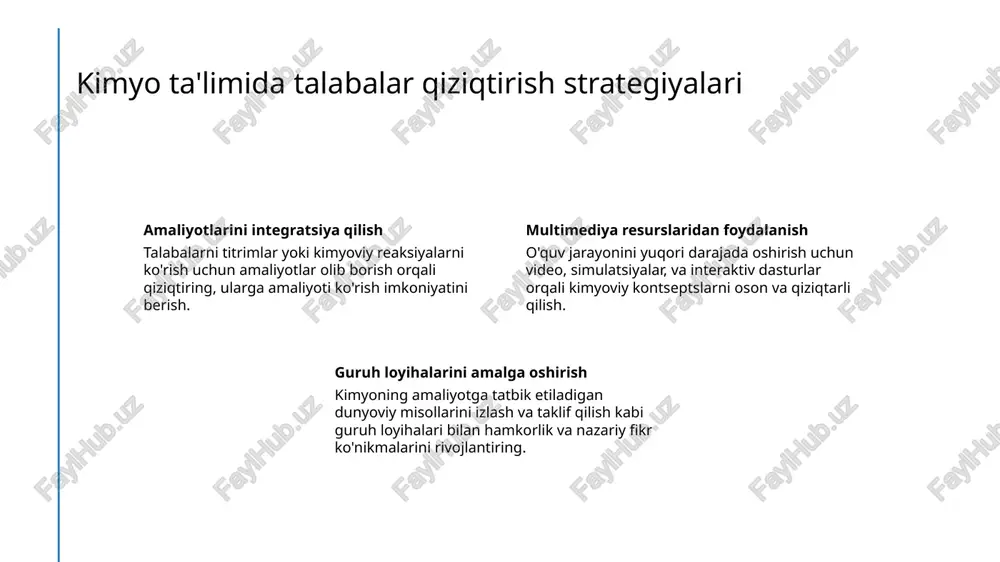 kr g'alat fikr g'alat fikr haqiqatda, kimyo tushunchalarni tushunish va ularni amaliy hayot holatlari bilan bog'lashni talab etadi, faqat faktlarni yodlash emas. matematika kimyoda muhim bo'lsa-da, muammolarni hal qilish ko'nikmalar va tushunishli fikrlash o'qitishda muvaffaqiyat uchun bir xil muhimdir. kimyo bizning ovqatlarimizdan, ishlatiladigan mahsulotlarga qadar har yerda mavjud bo'lib, talabalar uchun mashhur va amaliy fan bo'lib qoladi. kuchli kimyo konseptlariga qat'i asos qo'yish 1 2 3 asosiy printsiplarni tushunish masalalar hal qilish ko'nikmalarni amalga oshirish haqiqiy dunyo misollarini o'rganish atom tuzilishi, bog'lanish va stoikiometriya kabi konseptlarni o'rganish, qiyin kimyo mavzulariga qaramoq uchun zamin yaratadi. kimyo tenglamalari, hisob-kitoblarni va eksperimentlarni doimiy amaliyot qilish, kuchli kimyo konseptlarini tushish uchun zarur analitik fikrlashni rivojlantiradi. teorik bilimlarni farmatsevtika va atrof-muhitshunoslik kabi sohalarda amaliyotga bog'lash, tushunishni kuchaytiradi va ko'proq o'rganishga ilhomlantiradi. kimyo ta'limida o'sishni oshirish manfaatini tushunish kimyo ta'limida qobiliyatlarini erkin va qattiq ish bilan rivojlantirishga ishonchni ta'kidlash. muammo'larga qarshi yaxshi munosabatni ta'lim etish qiyin …