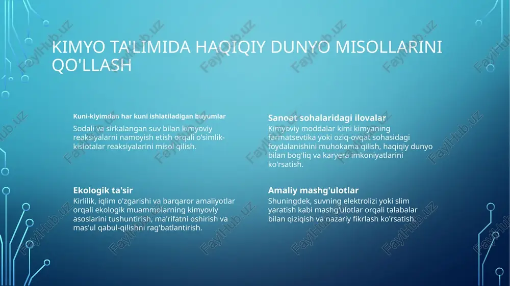 o'z ichiga oladi. 2 kontentni yetkazish usullarini moslashish dars rejalarini, leksiyalar, amaliy mashg'ulotlar, multimedya taqdimotlari va guruh munozaralarini qamrab, farqli o'quvchilarni kimyo ta'limida jalb qilishga yordam beradi. 3 shaxsiy qo'llab-quvvatni taqdim etish qo'shimcha resurslar, bir-biriga yordam berish va shaxsiy qayta aloqalar orqali farqli kuch va qiyinchliklarga ega o'quvchilarni kimyo ta'limida muvaffaqiyatga yo'l qo'yishga yordam beradi. kimyo fanidan talabalarning tushunchasini baholash uchun qiymatli tekshiruv usullari formativ baholash usullari summativ baholash usullari amaliy baholash talabalar tushunchalarini o'rganish jarayonida o'quv jarayonida tushunchalarini baholash uchun savollar, chiqish chiptalari va konsept xaritalardan foydalaning. bir darslik yoki kurs yakunida umumiy tushunchani baholash uchun testlar, loyihalar va laboratoriya hisobotlaridan foydalaning. kimyo kontseptlarini amalga oshirishni baholash uchun tajribalar, ko'rsatmalar va prezentalardan foydalaning. kimyoviy konseptlarni o'qitishda ko'rsatkichlar qo'shish interaktiv simulyatsiyalar molekulyar ta'sir va reaksiyalar kabi abstrakt kimyoviy konseptlarni vizual ravishda namoyish etish uchun phet interaktiv simulyatsiyalar kabi onlayn platformalardan foydalaning. 3d molekulyar modellar o'quvchilarga kompleks molekulyar tuzilmalarini tasavvur qilish …