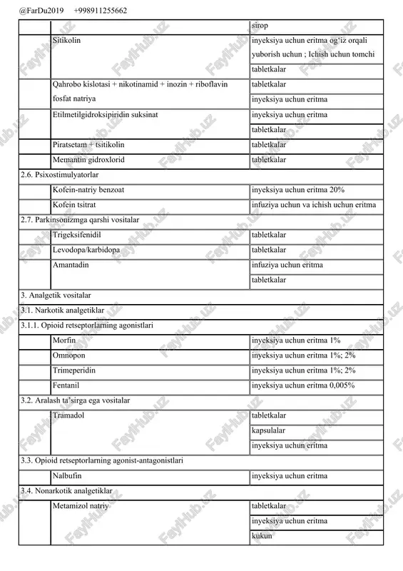 omid ingalatsiya uchun eritma formoterol kapsulalar budesonid + formoterol aerozol 7. asosan oftalmologiyada qo‘llaniladigan vositalar metiletilpiridinol inyeksiya uchun eritma gidroksimetilselyuloza ko‘z tomchilari 7.3. glaukomaga qarshi vositalar timolol ko‘z tomchilari 0,25%; 0,5% 7.4. kataraktaga qarshi vositalar taurin ko‘z tomchilari 2 %; 4% 7.5. midriatik vositalar tropikamid ko‘z tomchilari 0,5%; 1% tropikamid + fenilefrin gidroxlorid ko‘z tom?ilari 8. allergiyaga qarshi vositalar difengidramin inyeksiya uchun eritma tabletkalar kukun setirizin tabletkalar levotsetirizin tabletkalar dezloratadin tabletkalar 9. asosan sezuvchi (afferent) nerv oxirlari sohalariga ta’sir qiluvchi vositalar 9.1. mahalliy og‘riqsizlantiruvchi vositalar lidokain inyeksiya uchun eritma 1%; 2%; 10% aerozol 10% sprey 5 %; 10% prokain inyeksiya uchun eritma 0,25%; 0,5%; 2%; 2,5% kukun tetrakain ko‘z tomchilari 1% proksimetakain ko‘z tomchilari 0,5% bupivakain inyeksiya uchun eritma 0,25%; 0,5%; 1,5%; 5% 10. balg‘am ko‘chiruvchi vositalar ambroksol tabletkalar infuziya uchun eritma sirop ichish uchun eritma inyeksiya va ingalatsiya uchun eritma atsetilsistein eritma tayyorlash uchun kukun tabletkalar inyeksiya uchun eritma …