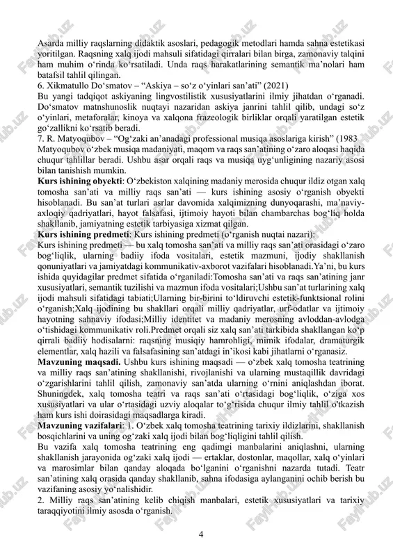 a to‘xtalib o‘tilgan. 3. r. muhammadiyev – “askiya” (1970) bu asarda xalq og‘zaki ijodining ijtimoiy-badiiy ko‘rinishi sifatida askiyaning o‘ziga xos xususiyatlari, uslubiyati va g‘oyaviy mazmuni chuqur ochib berilgan. askiya matnlaridagi ijtimoiy tanqid, hazil-mutoyiba, xalqona hikmatlar o‘zbek xalqining fikrlash uslubini aks ettiradi. 4. s. anvar – “abdulla qiziq nima deydi?” (2006) bu kitob xalq orasida mashhur bo‘lgan masxaraboz abdulla qiziq faoliyatiga bag‘ishlangan bo‘lib, masxarabozlik san’atining tarixiy va zamonaviy ko‘rinishlarini jonli misollar orqali ochib beradi. muallif san’atkor obrazini xalq dunyoqarashi bilan uyg‘unlashtirib tasvirlaydi. 5. m. juraev va z. isroilova – “o‘zbek raqs san’ati” (2000) asarda milliy raqslarning didaktik asoslari, pedagogik metodlari hamda sahna estetikasi yoritilgan. raqsning xalq ijodi mahsuli sifatidagi qirralari bilan birga, zamonaviy talqini ham muhim o‘rinda ko‘rsatiladi. unda raqs harakatlarining semantik ma’nolari ham batafsil tahlil qilingan. 6. xikmatullo do‘smatov – “askiya – so‘z o‘yinlari san’ati” (2021) bu yangi tadqiqot askiyaning lingvostilistik xususiyatlarini ilmiy jihatdan o‘rganadi. do‘smatov matnshunoslik nuqtayi nazaridan askiya …