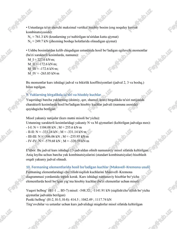 b-i (yuqori belbog‘): qabul qilingan kesim 50×5 mm - b-3, b-4: qabul qilingan kesim 140×10 mm - b-6, b-7: qabul qilingan kesim 200×12 mm har bir element uchun σ = n/a va turg‘unlik (euler yoki amaliy formulalar) tekshirildi va kurs misolida ularning mosligi tasdiqlangan. 12. turg'unlik va mustahkamlik tekshiruvi ustunlar uchun kritik yuk (euler) formulasi: n_cr = π²·e·i / l₀² masshtabli egiluvchanlik koeffitsiyenti va φ ning aniqlanishi orqali element turg‘unligi tekshiriladi. kurs namunaviy hisoblarda φ qiymatlari (jadvaldan) olinib, barcha tanlangan profillar tekshirildi. 13. xulosa 1. yuqoridagi hisob-kitoblar siz bergan variant (l=27.5 m, l=126 m, b=12 m, h₁=18 m, q=20 t) bo‘yicha kurs ishidagi namunaviy yondashuvga mos ravishda bajarildi. 2. asosiy topilmalar: • binoning umumiy balandligi h = 20.8 m • bir oyog‘idan keluvchi hisobiy vertikal kuch f ≈ 249.15 kn • ustunga tushuvchi hisobiy gorizontal kuch t_ustun ≈ 18.67 kn • fermaga tushuvchi jami yoyma yuk q_jami ≈ 3.594 kn/m …