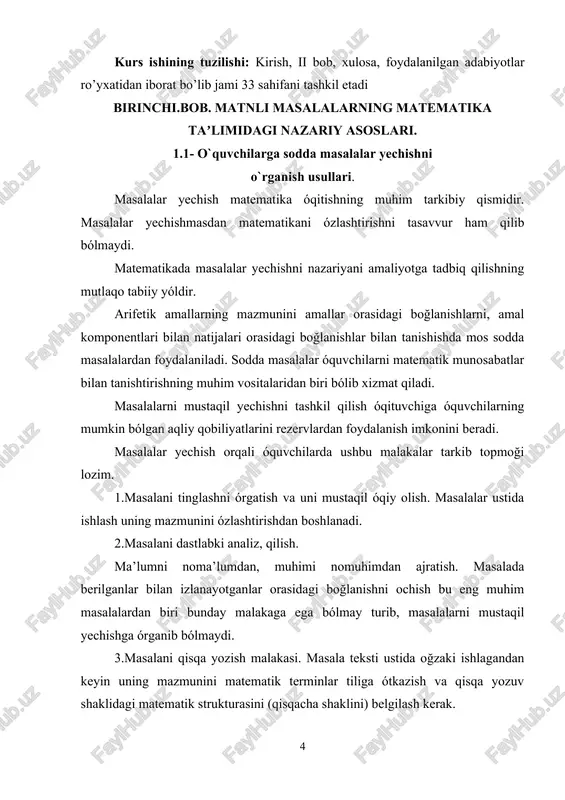 usida masalalar ustida ishlash.1. yiğindi va qoldiqni topishga doir masalalar. bu xil masalalar ustida ishlash birinchi darslardayoq boshlanadi va boshida amaliy mashqlar xarakterida bóladi, bu mashqlarning bajarilishida bolalar atrof borliqdagi aniq narsalar bilan ish kórib, tóplamlar ustida, bu tóplamlarni birlashtirishga yoki berilgan tóplamdan uning qismini ajratishga oid amallarni bajarishadi. bular ushbu kórinishdagi mashqlar: «3 ta doiracha qóying. ularning yoniga yana bitta» doirachani suring. doiracha nechta bóldi? «5 ta chóp quying. ikkita chópni nari sóring. nechta chóp qoldi? va hokazo. bolalar predmetlar bilan bajariladigan amaliy ishlardan sekin-asta rasmlarda tasvirlangan predmetlar tóplamlari ustida ish kórishga ótkaziladi. masalaning ózi bilan va uning tarkibiy elementlari bilan bolalarni tanishtirish óqitish jarayonidagi navbatdagi eng muhim va juda javobgarli bosqichdir. bu ishni notóla predmet kórsatmalilikdan foydalanib boshlash kerak. óqituvchi son ma’lumotlarni va amallarni kórsatadi, ammo natijani kórsatmaydi. «akasi erkinga oldin 3 ta otkritka sovğa qildi, sóngra yana 2 ta otkritka sovğa qildi. erkinda akasi qancha otkritka sovğa …