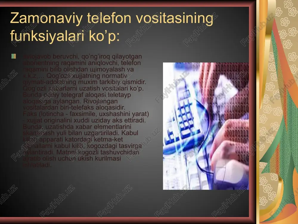 i amalga oshiradi. jamiyatimizda axborotlarni uzatish, kabul kilish, xamda axborotlarni tarkatish uchun turli xil kurilmalar kullaniladi. bu kurilmalarga xisoblash texnikasi, telegraf, gramyozuv, magnitafon yozuvi, televideniye va radioni misol kilib olishimiz mumkin. bu kurilmalarda axborotlarni saklashda va uzatishda ma’lum bir kurinishidagi signallar yordamida amalga oshiriladi. bu signallar uzluksiz va diskret signallarga bulinadi. radio va televideniyedagi, xamda gramyozuvdagi, magnitafon yozuvidagi kullaniladigan signallarning grafik kurinishi uzluksiz kiyshik chizik xolatida uzgaruvchan shaklda bulib, bunday signallarni uzluksiz yoki anolog signallar deyiladi. bunga karama-karshi telegraf va va xisoblash texnikasidagi signallar impuls shaklida buladi va bunday signallarni diskret yoki rakamli signal deyiladi. biz xar bir texnikalaridan, ularda kanday signal kullanishidan kat’iy nazar imkoniyat darajasida foydalanishni istaymiz. informatika soxasida ishlayotgan xodimlar xech bulmaganda axborot vositalarida bir turdagi signalni kullanilishini istaydilar. shuning uchun sifatli bir shakldagi, uzluksiz yoki diskret signal kurilmalarini tanlash va yaratish muammosi payda buldi. uzluksiz va diskret signallarni uzaro takkoslash uchun ularning kuyidagi aloxida axamiyatli farklari: …