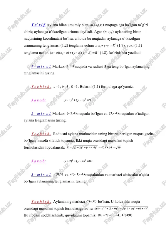 mana shu echim: c = 2πr c = 2 * 3.14 * (4.5 dyuym) c = 28,26 dyuym yoki 28 dyuym, agar siz o'lchamingiz bilan bir xil miqdordagi muhim raqamlardan foydalansangiz. (3) siz qutichani o'lchaysiz va uning atrofida 12 dyuymni topasiz. uning diametri qancha? uning radiusi qancha? konserva silindr bo'lsa-da, uning aylanasi bor, chunki silindr asosan aylanalar to'plamidir. ushbu muammoni hal qilish uchun siz tenglamalarni o'zgartirishingiz kerak: c = -d d quyidagicha yozilishi mumkin: c / π = d atrof-muhit qiymatini ulash va $ d $ uchun echish: c / π = d (12 dyuym) / ph = d 12 / 3.14 = d 3,82 dyuym = diametri (keling, uni 3,8 dyuym) radiusni hal qilish uchun formulani qayta tuzish uchun siz xuddi shu o'yinni o'ynashingiz mumkin, ammo agar siz allaqachon diametrga ega bo'lsangiz, radiusni olishning eng oson usuli uni ikkiga bo'lishdir: radiusi = 1/2 * diametri radiusi = (0,5) * …