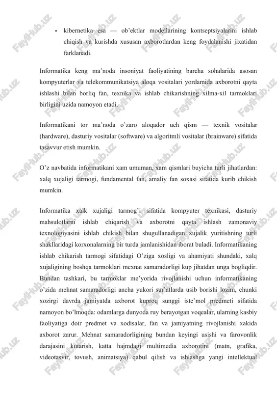 ompyuter axborot tizimlari negizida istalgan ob’ektlar bilan boshkaruv jarayonlarini axborot jihatidan ta’minlashni barpo etish metodologiyasini ishlab chikish bilan shugullanadi. shunday fikr xam mavjudki, fanning asosiy vazifadaridan biri – axborot tizimlari nima, ular kanday urinni egallaydi, qanday to’zilmaga ega bo’lishi lozim, kanday ishlaydi, uning uchun kanday konuniyatlar xos ekanligini aniklashdir. evropada informatika soxasida kuyidagi asosiy ilmiy yunalishlarni ajratib kursatish mumkin: tarmoq to’zilmasini ishlab chiqish, kompyuterli integratsiyalashgan jarayonni ishlab chiqarish, iqtisodiy va tibbiy informatika, ijtimoiy sugurta va atrof muhit informatikasi, professional axborot tizimlari. informatikada fundamental tadkikotlar maksadi istalgan axborot tizimlari xakida umumlashtirilgan axborotni olish, ularning kurilishi va ishlashining umumiy qonuniyatlarini aniklashdir. informatika amaliy fan soxasi sifatida kuyidagilar bilan shugullanadi: 1. axborot jarayonlaridagi konuniyatlarni urganish (axborotlarni yigish, qayta ishlash, tarkatish); 1. inson faoliyatining turli sohalarida kommunikatsion – axborot modellarini yaratish; 2. v) anik bir soxalarda axborot tizimi va texnologiyalarini ishlab chikish va ularning xayotiy boskichini, ularni ishlab chikarish, ishlashni va xokazolarni loyixalash, ishlab …