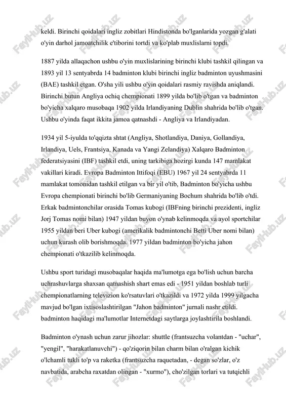 n ixtisoslashtirilgan "jahon badminton" jurnali nashr etildi. badminton haqidagi ma'lumotlar internetdagi saytlarga joylashtirila boshlandi. badminton o'ynash uchun zarur jihozlar: shuttle (frantsuzcha volantdan - "uchar", "yengil", "harakatlanuvchi") - qo'ziqorin bilan charm bilan o'ralgan kichik o'lchamli tukli to'p va raketka (frantsuzcha raquetadan, - degan so'zlar, o'z navbatida, arabcha raxatdan olingan - "xurmo"), cho'zilgan torlari va tutqichli dumaloq chetidan iborat. dastlab tabiiy materiallardan (ko'pincha sigir terisidan) yasalgan iplar endi o'zaro to'qilgan sintetik mikrofiber (ko'pincha neylon yoki aramid) bo'lib, yadrosi elastik tolalardan, ortiqcha oro bermay va niqobi esa yanada mustahkam materiallardan tayyorlangan. mahsulotning mustahkamligi. shuttlek massasi - 4,5 dan 7 g gacha, raketalar - 135 dan 190 g gacha. bugungi kunda badminton qoidalarning soddaligi, shuningdek, har qanday nisbatan tekis yuzani o'yin maydonchasi - o'rmonda tozalash, maysazor, plyaj va boshqalarni moslashtirish qobiliyati tufayli eng mashhur sport o'yinlaridan biridir. badminton 1992 yildan beri yozgi olimpiya o'yinlari dasturiga kiritilgan. badminton afsonalari. badminton kabi o'yinlar faqat osiyo mamlakatlarida …