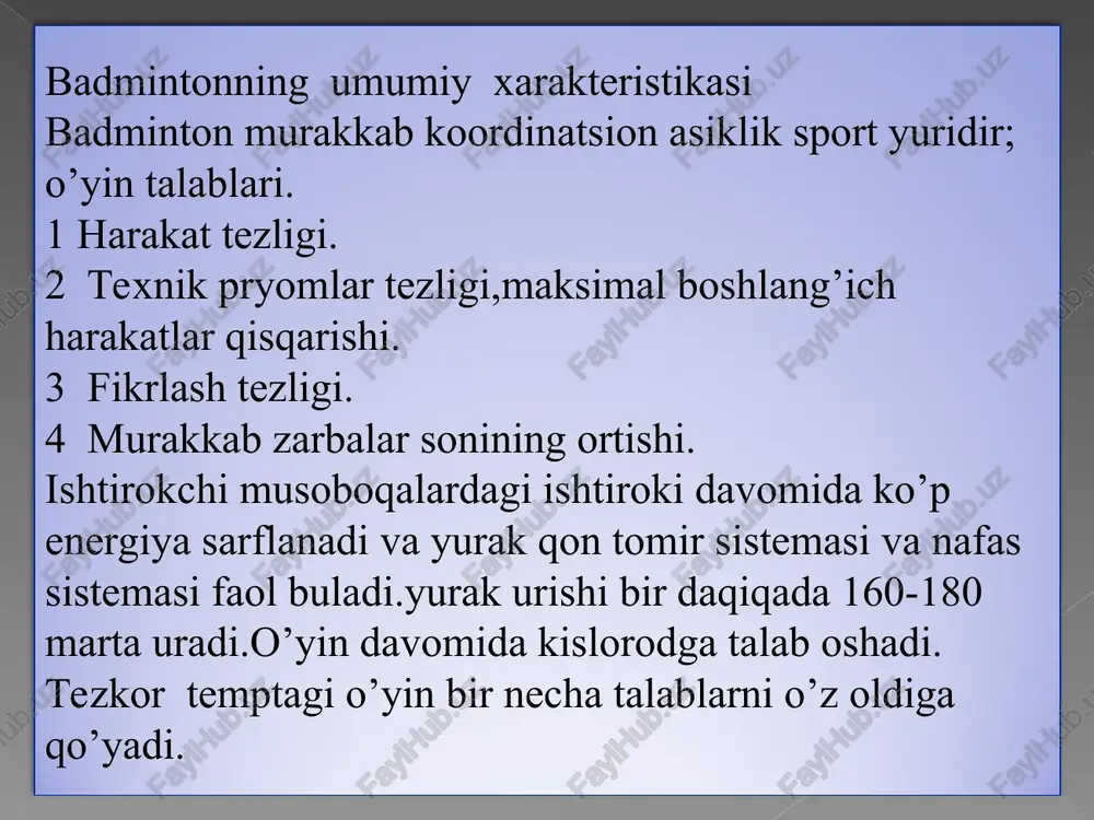 di.bu o’yin yo’g’ri yunalishga va to’g’ri yunalishni topishga va hujum qilishga undaydi hujum qilayotgan hujumchining achkilari fafqulotda har bir zarba o’sib boradi va nihoyat texnikaning muhim zarbalarini bajarish harakati faqat ikki kishi uchundir.tekis zarbalar o’sib boradi.katta tezlik bilan uchayotgan zarba,spotchidan talab qilinadi faqatgina jurati yetishiemas balki uni to’g’ri bajarish.bir o’yinchining o’zlashtirishi masalan zarba qisqa va aniq raketkaning siltanishi natijasida zarbani raqibning ko’kragi va yuziga qaratilishi kerak.pastki zarba o’yinning muhim zarbasi. qisqa vaqt ichida juda tez harakatlana olish kerak,tezlik texnikasini tarbiyalash uchun ,bu eng oddiy darslarni yaxshi o’zlashtirish va tezlikni oshirib borish sportchi e’tiborini tezlikga qaratish kerak.bu vaqtda faqatgina mashq bajarishgina emas tezlik uchun bajariladigan mashqlar birinchi belgi bu charchoqni yengish tezlik uchun tavsiya qilinuvchi keying mashqlar,sport chizig’ida yugurish 30 – 60 metrga sakrash uchun mashqlar yerib yugirish 20 – 60 metrgacha.tennis to’pini bir qulda ilmoq juftlik o’yinlarini o’zlashtirish.kuch o’yinning mohiyatidir,badmintonchidan tezlik va portlovchi kuchni tashkil qiladi 60 foiz zarbalar dunyo …